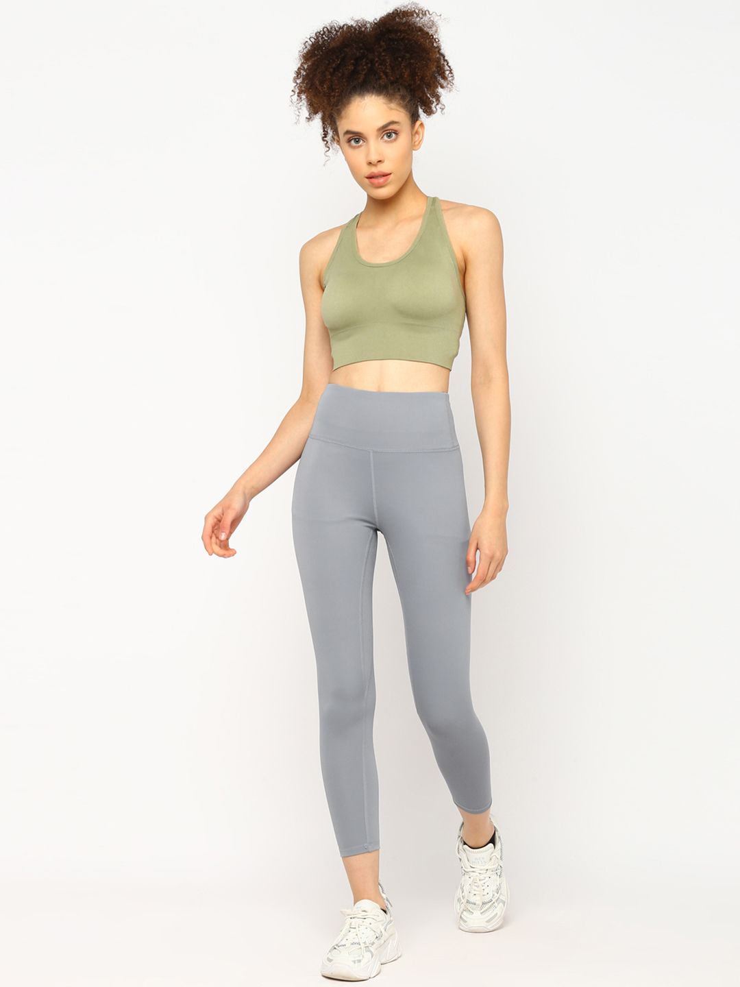 JerfSports Women Olive Green & Grey Solid Sports Bra & Tights Set Price in India