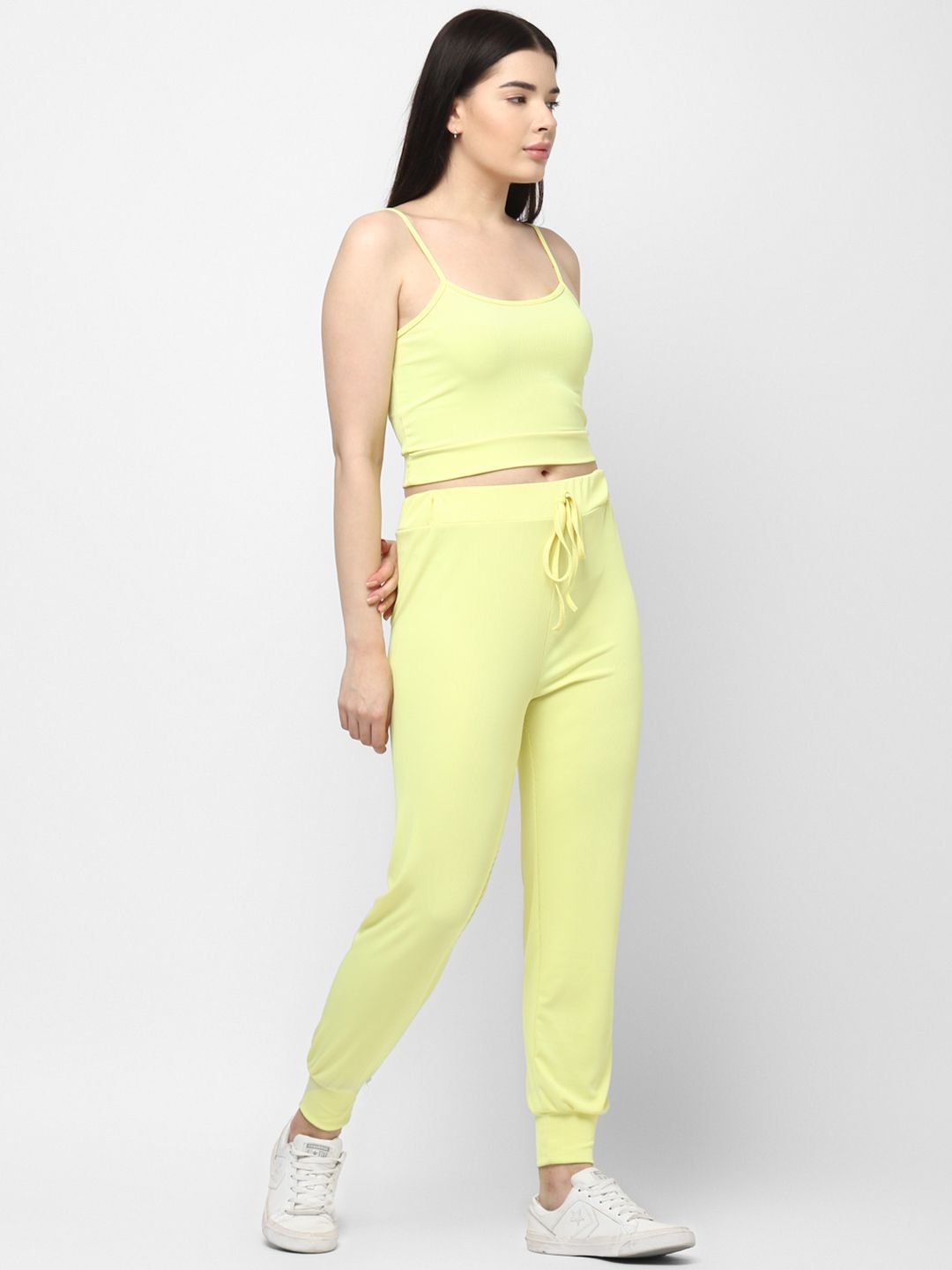 JerfSports Women Lemon Yellow Ribbed Top & Joggers Set