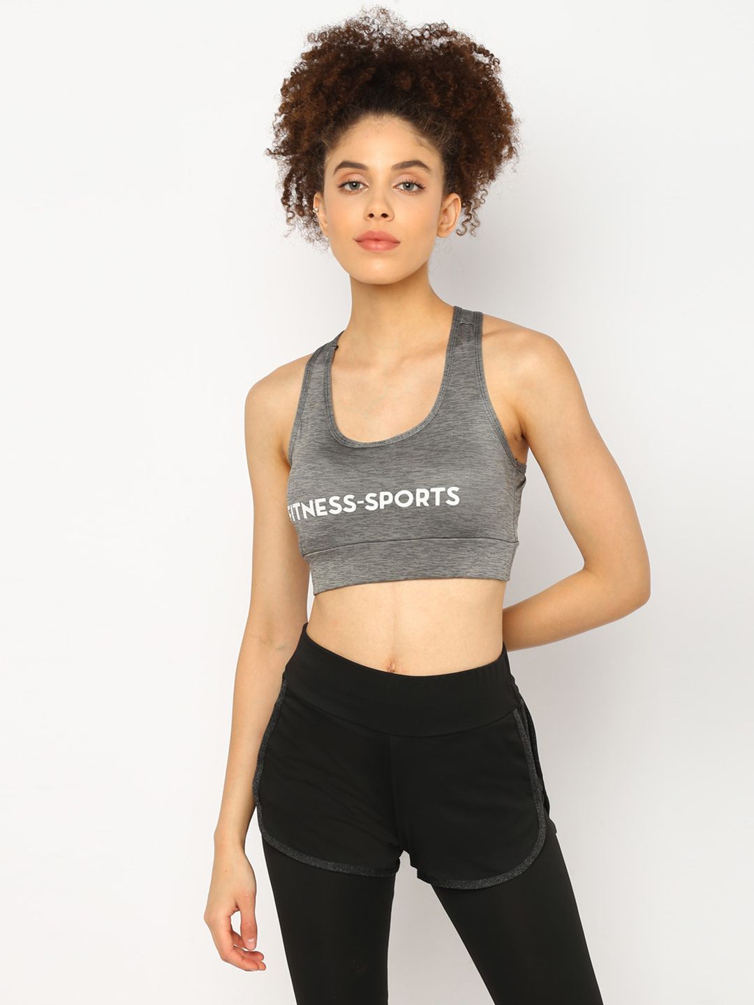 JerfSports Grey Typography Sports Bra With Melange Effect Price in India