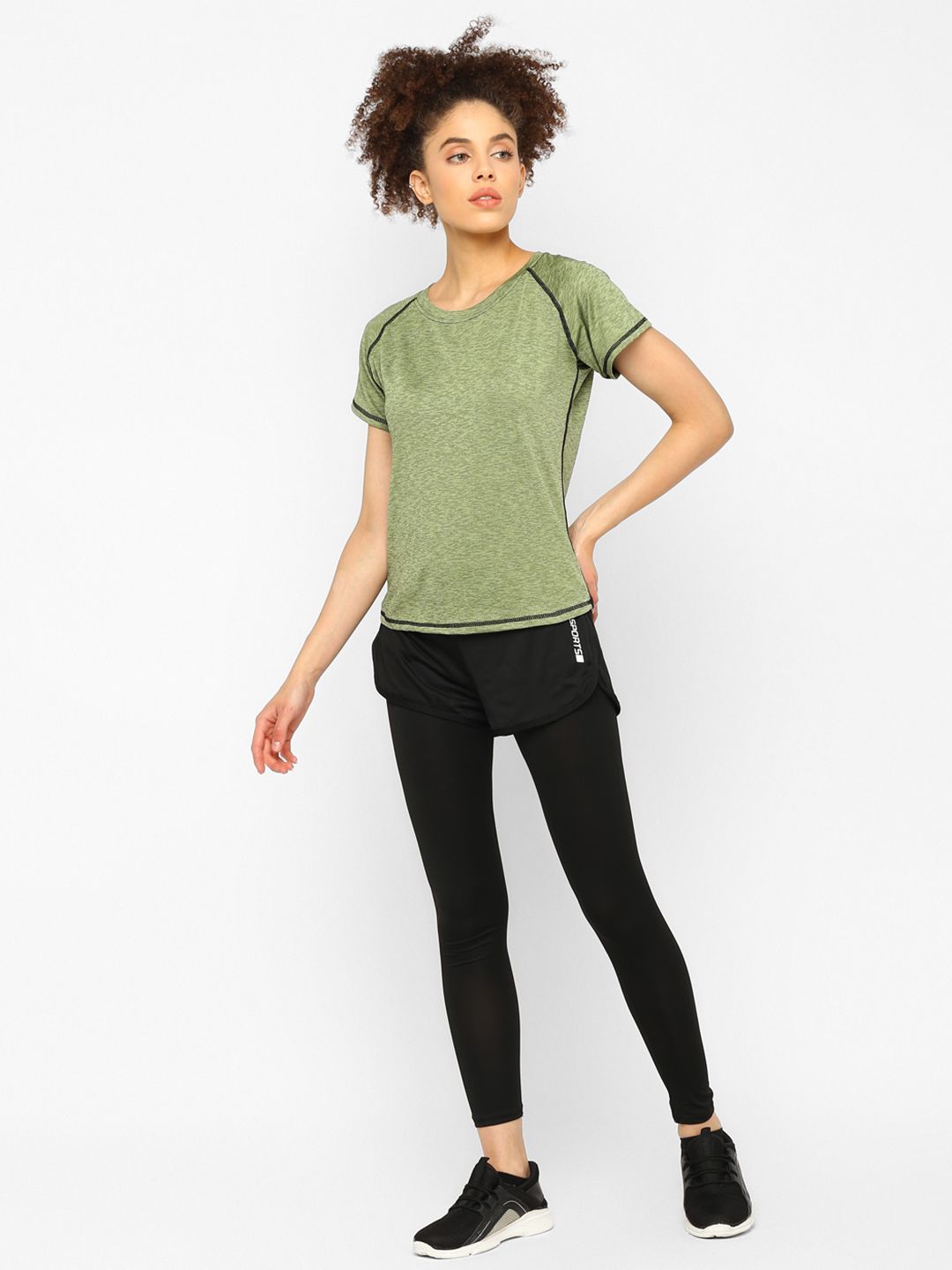 JerfSports Women Green & Black Solid T-shirt & Tights Set Price in India