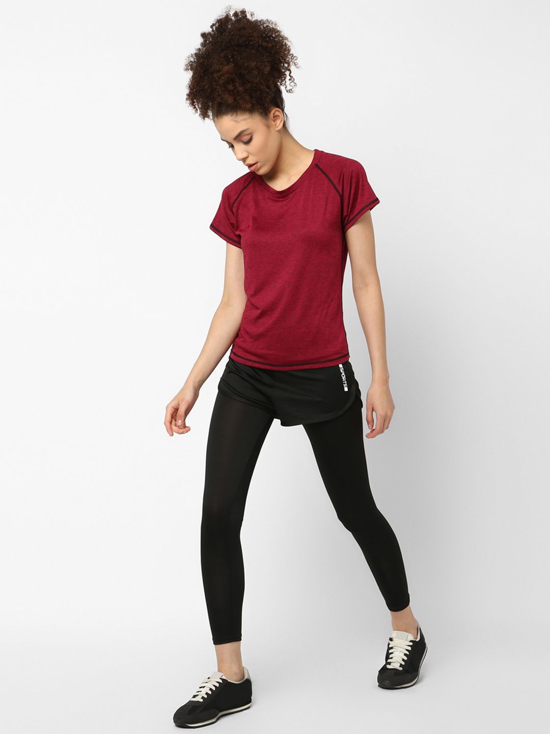 JerfSports Women Maroon & Black Solid T-shirt with Shorts With Attached Tights Tracksuit Price in India