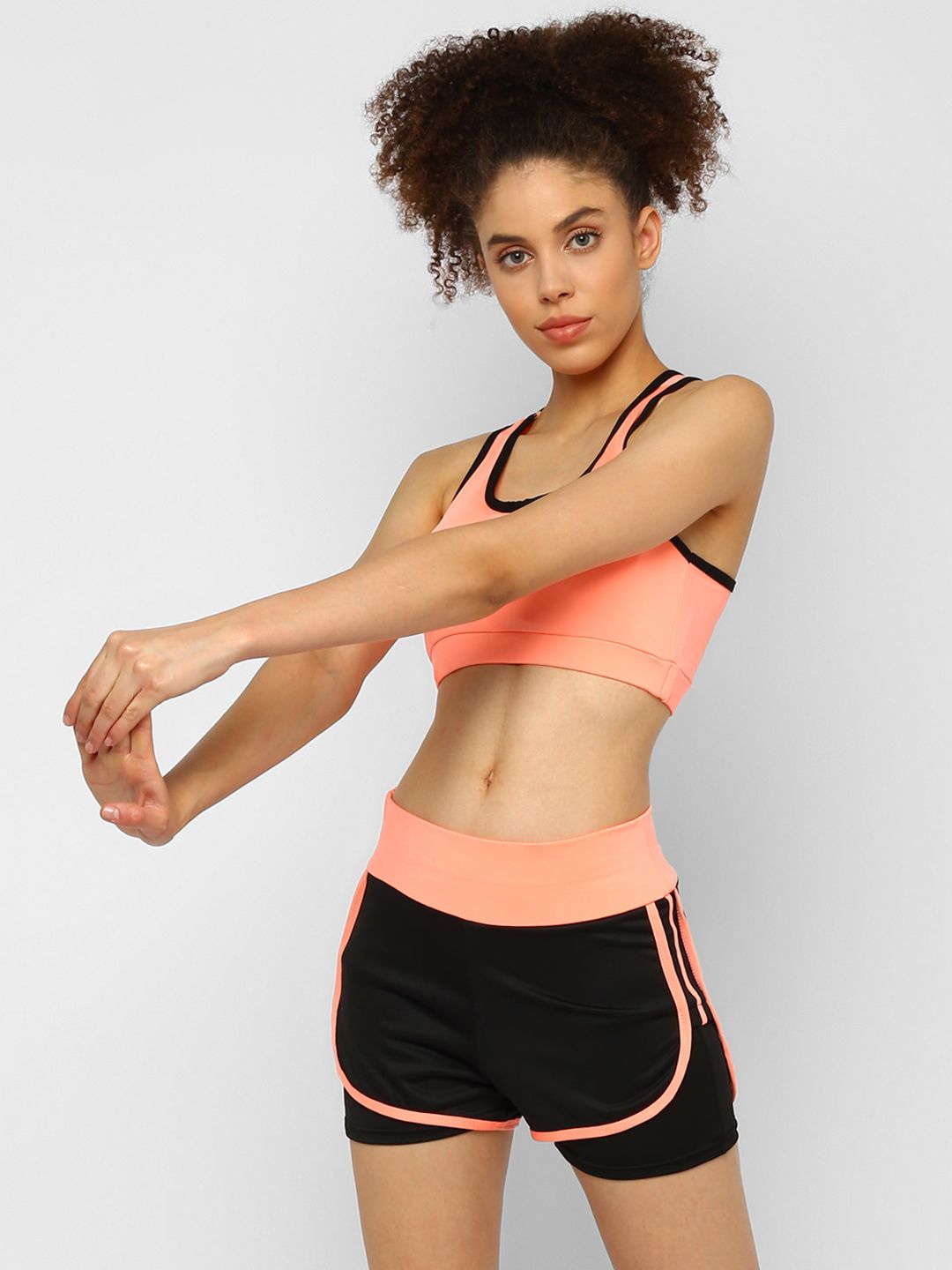 JerfSports Women Coral Orange & Black Solid Sports Bra with Shorts Tracksuit Price in India