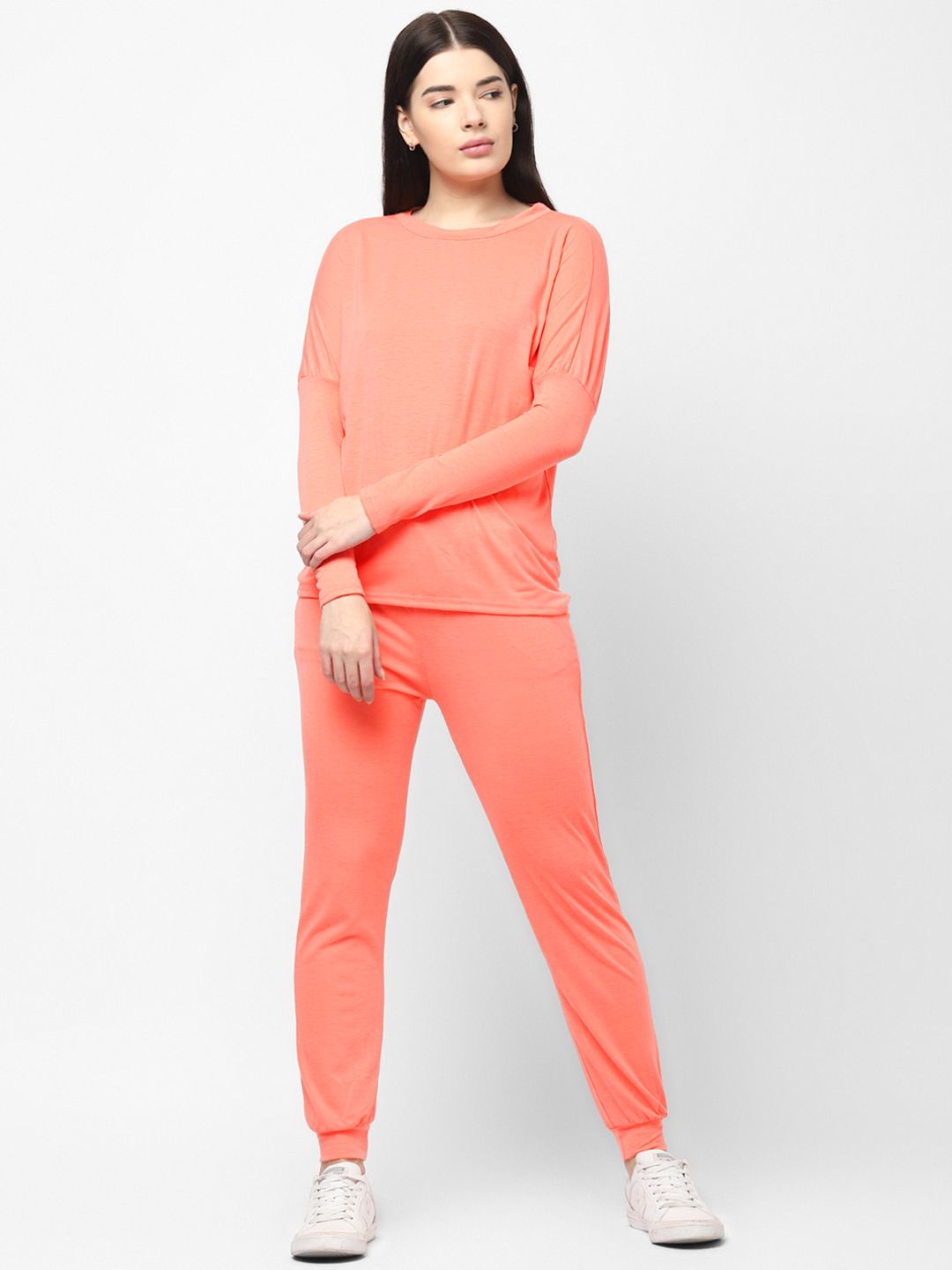 JerfSports Women Coral Orange Solid T-Shirt with Joggers Set