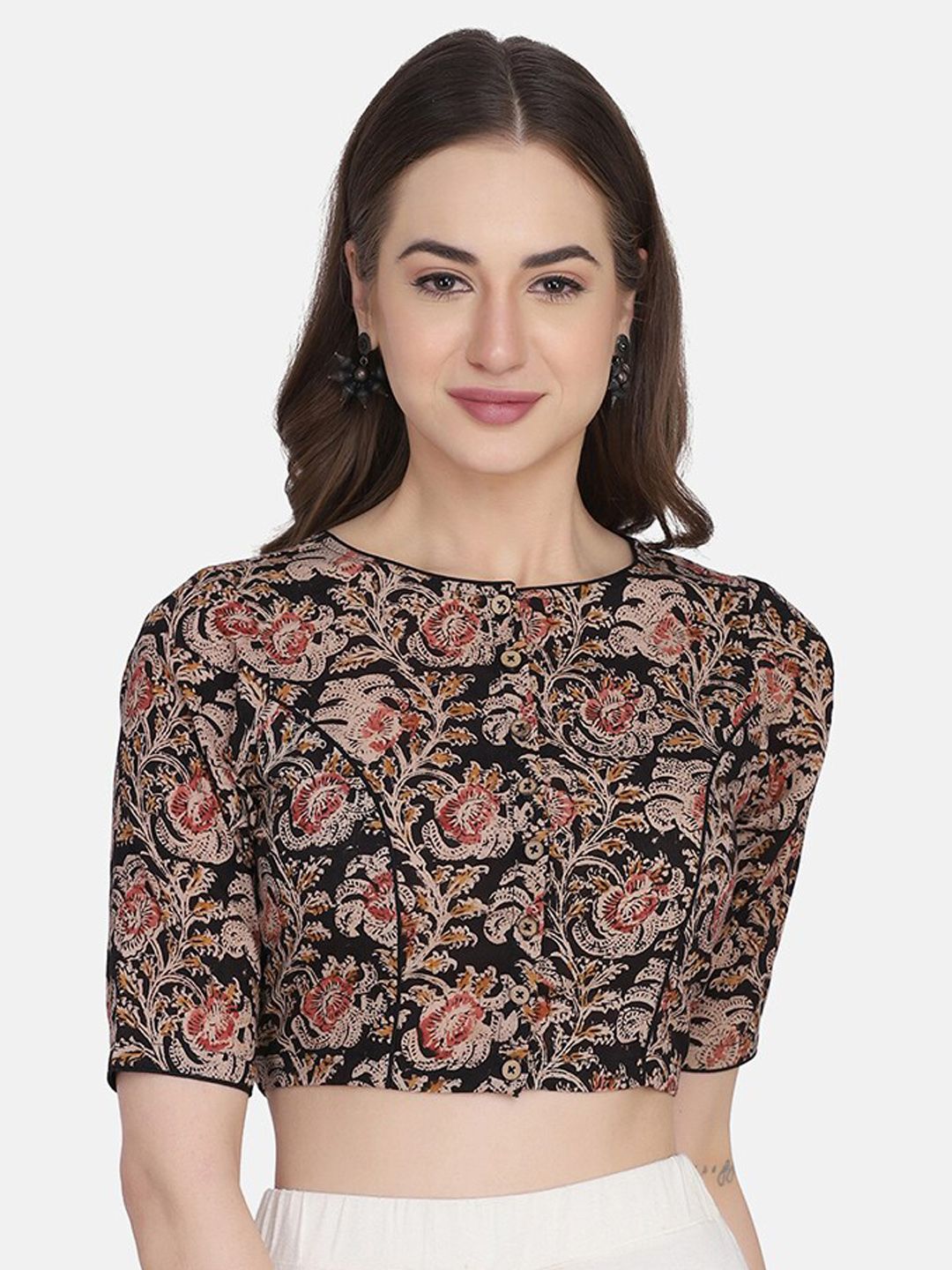 THE WEAVE TRAVELLER Women Black Printed Pure Cotton Readymade Saree Blouse Price in India
