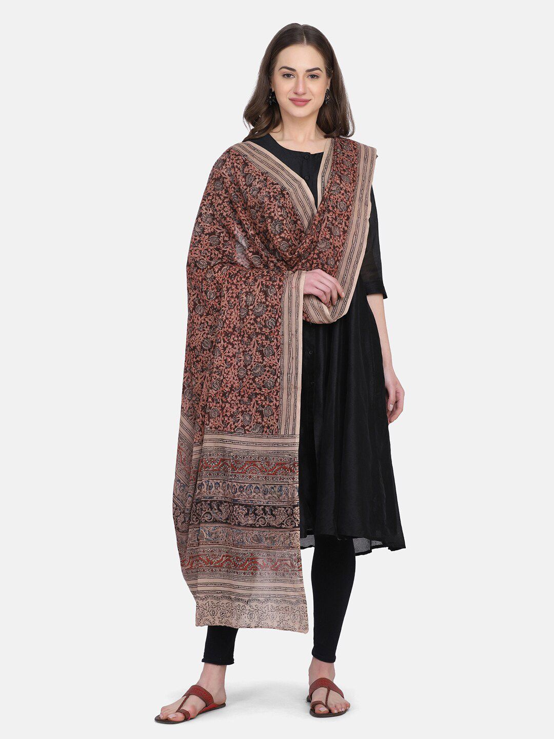 THE WEAVE TRAVELLER Brown & Black Ethnic Motifs Printed Pure Cotton Kalamkari Dupatta Price in India