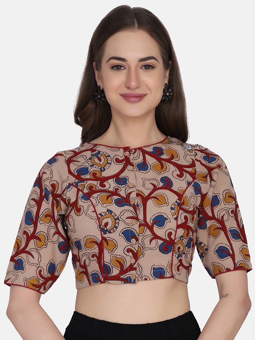 THE WEAVE TRAVELLER Women Plus Size Beige & Blue Printed Cotton Readymade Saree Blouse Price in India