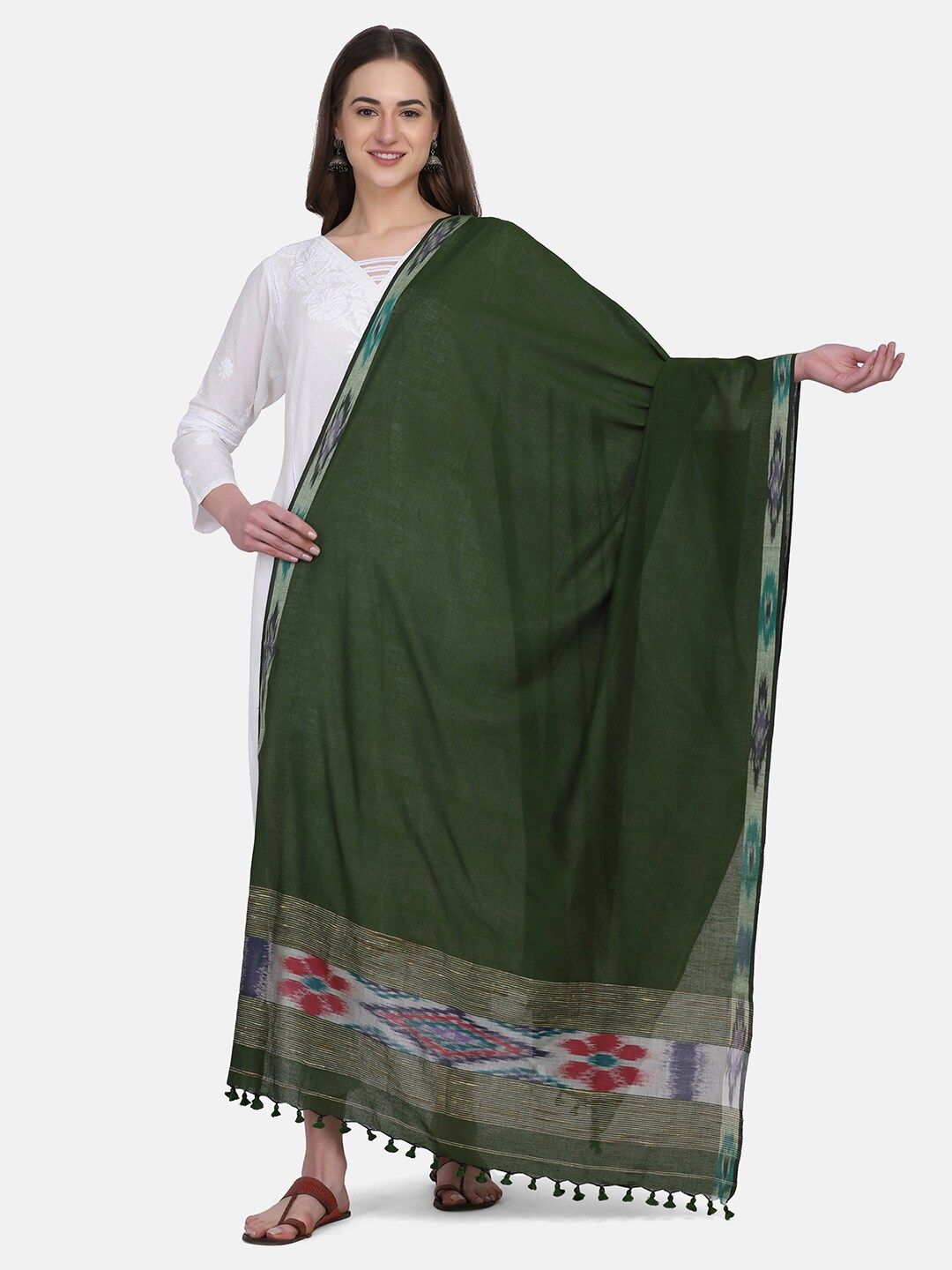 THE WEAVE TRAVELLER Women Green & White Woven Design Pure Cotton Dupatta Price in India