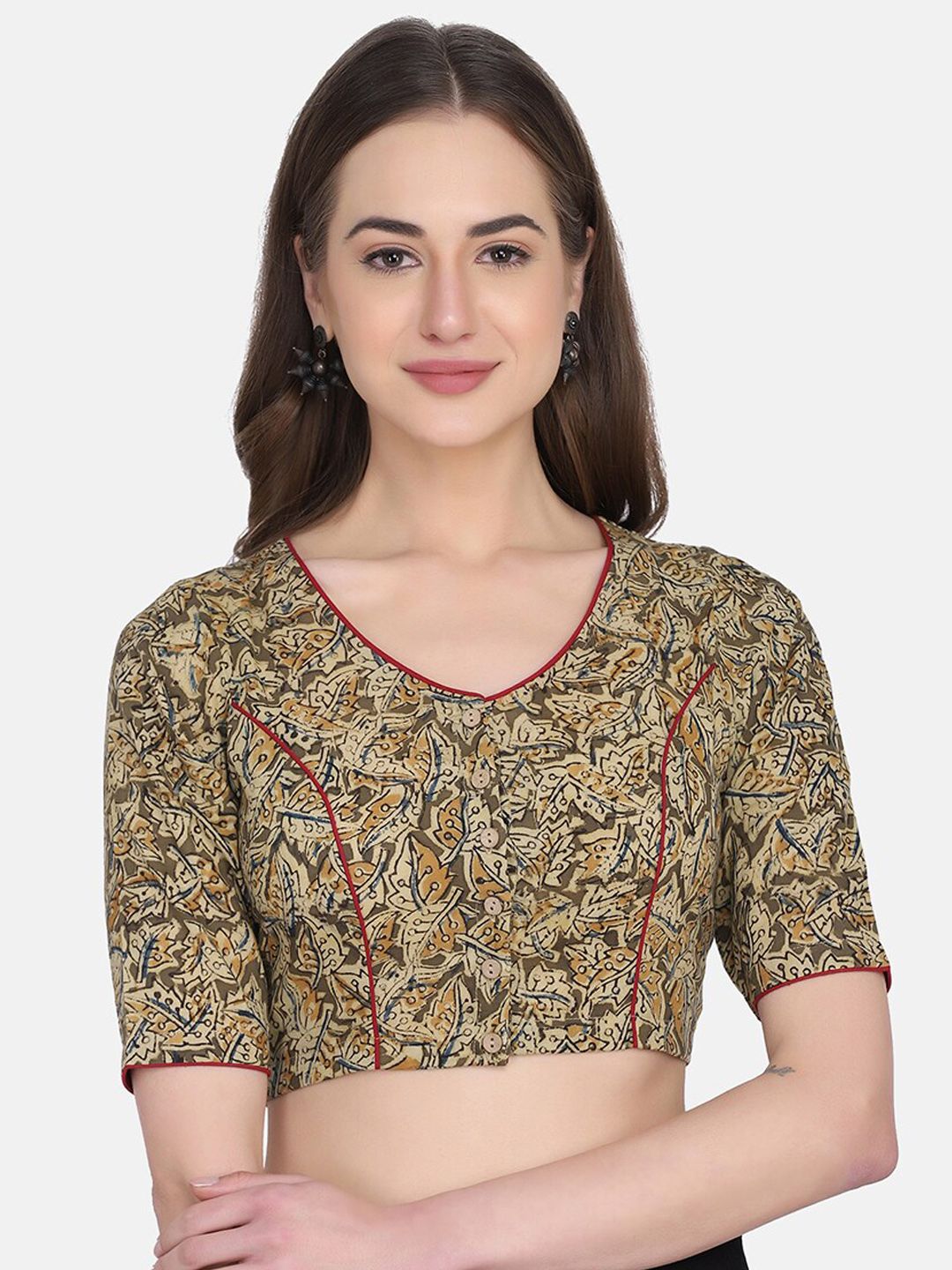 THE WEAVE TRAVELLER Women Brown & Beige Kalamkari Block Printed Saree Blouse Price in India