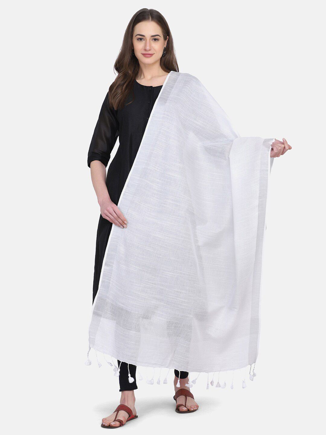 THE WEAVE TRAVELLER White & Silver-Toned Dupatta with Zari Price in India