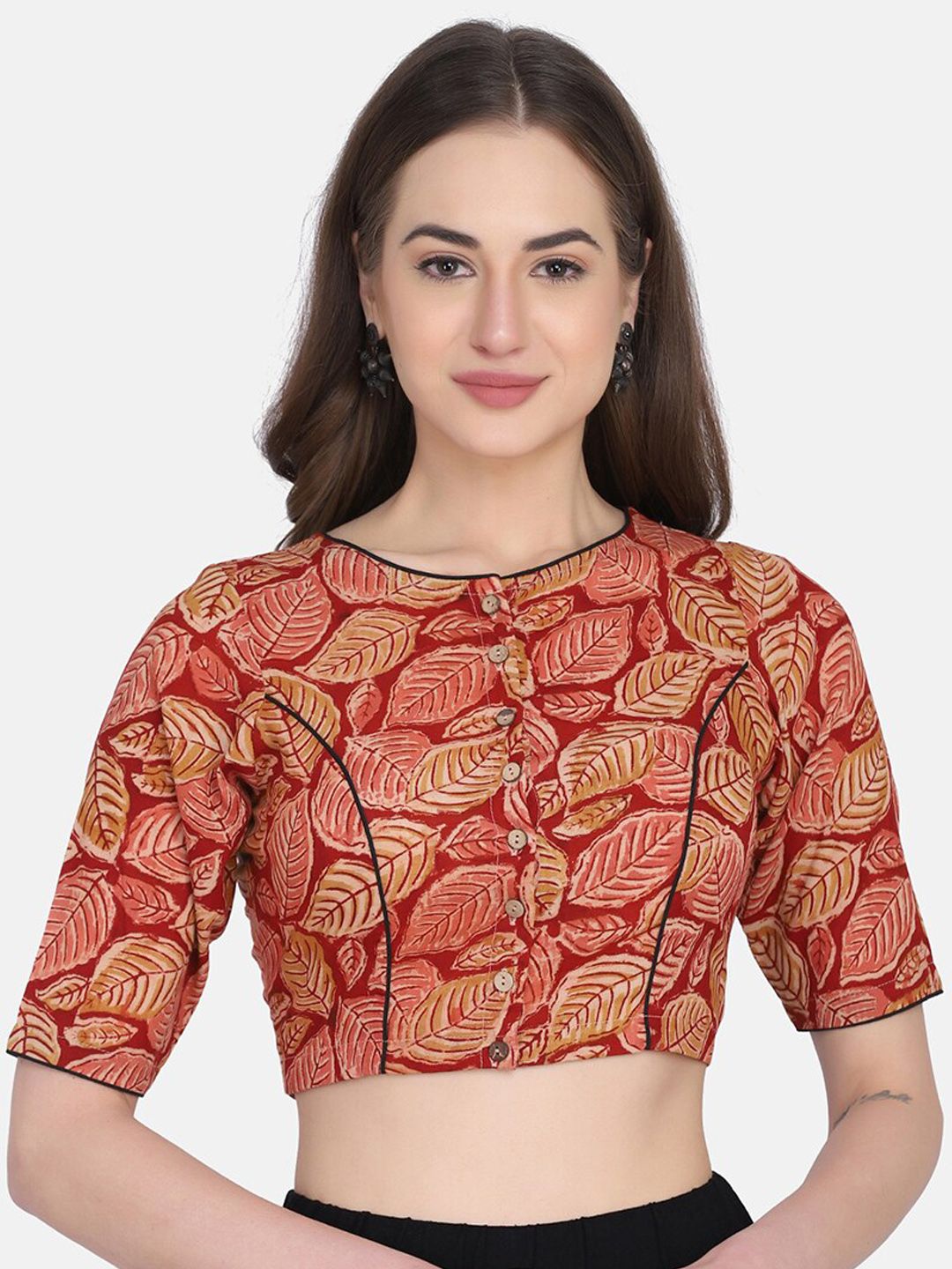 THE WEAVE TRAVELLER Red Kalamkari Printed Cotton Non-Padded Readymade Saree Blouse Price in India