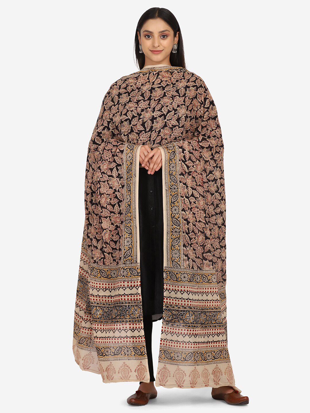 THE WEAVE TRAVELLER Black & Beige Ethnic Motifs Printed Pure Cotton Kalamkari Dupatta Price in India