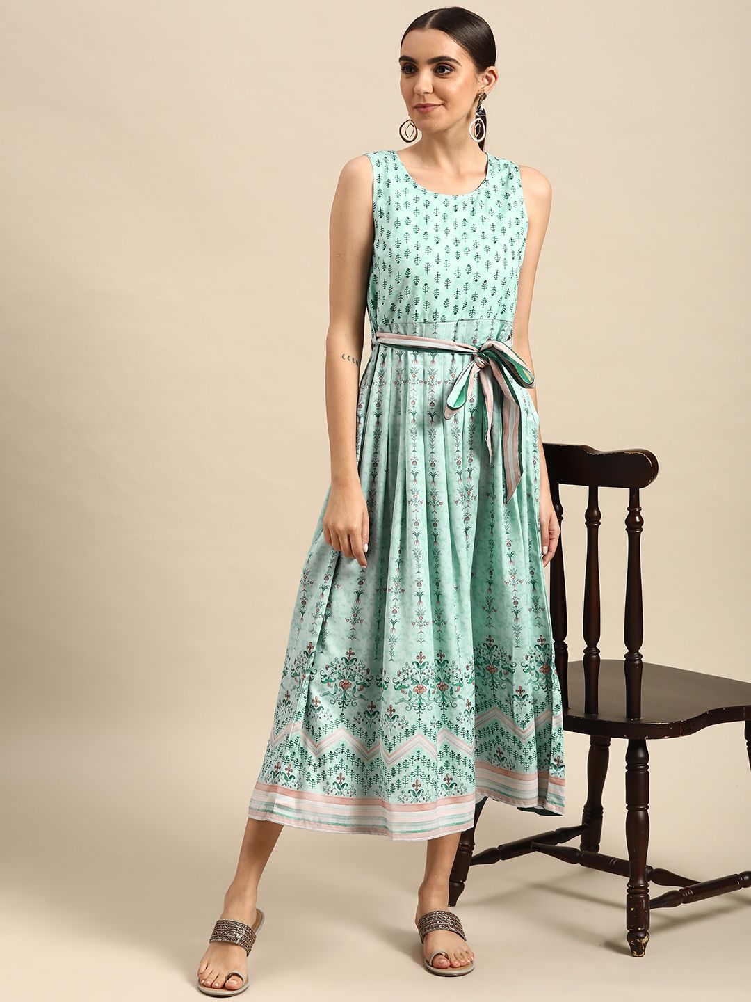 Anouk Blue Floral Crepe A-Line Midi Dress Price in India