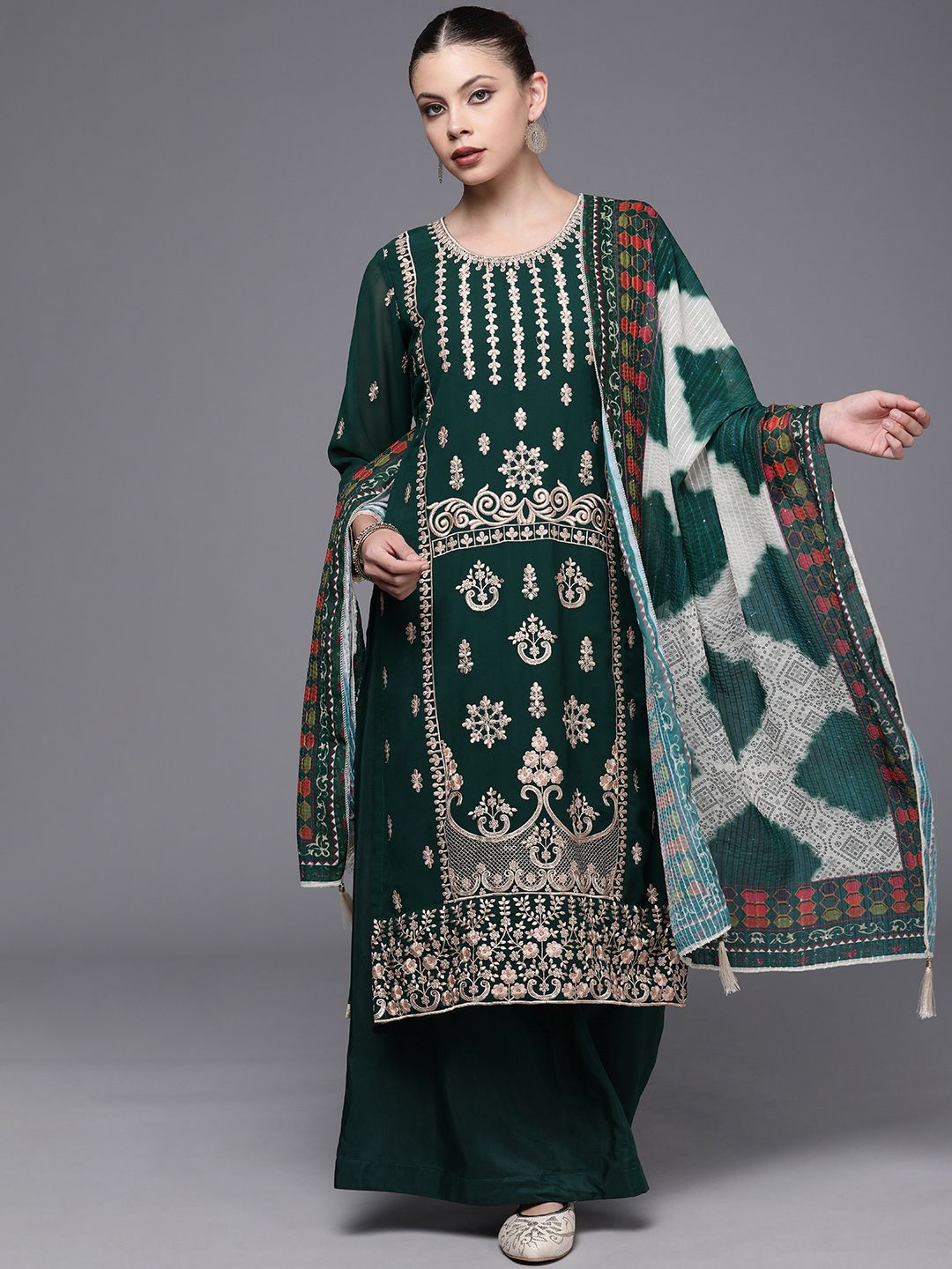 Mitera Green & Golden Embroidered Unstitched Dress Material Price in India