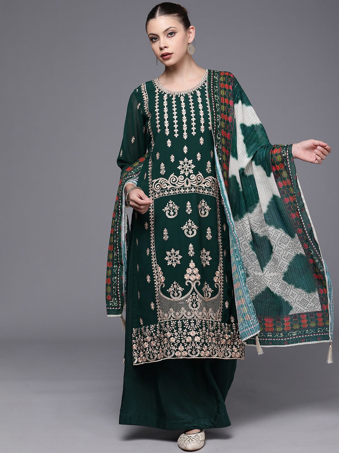 Mitera Green & Golden Embroidered Unstitched Dress Material