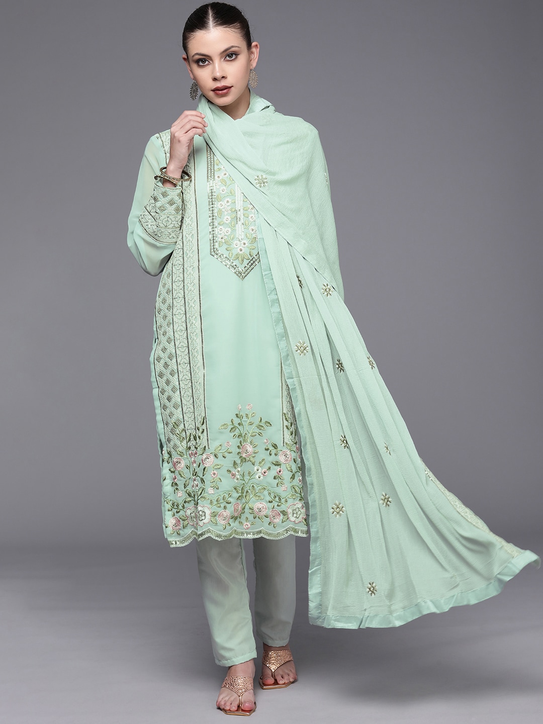 Mitera Green & Off-White Embroidered Unstitched Dress Material Price in India
