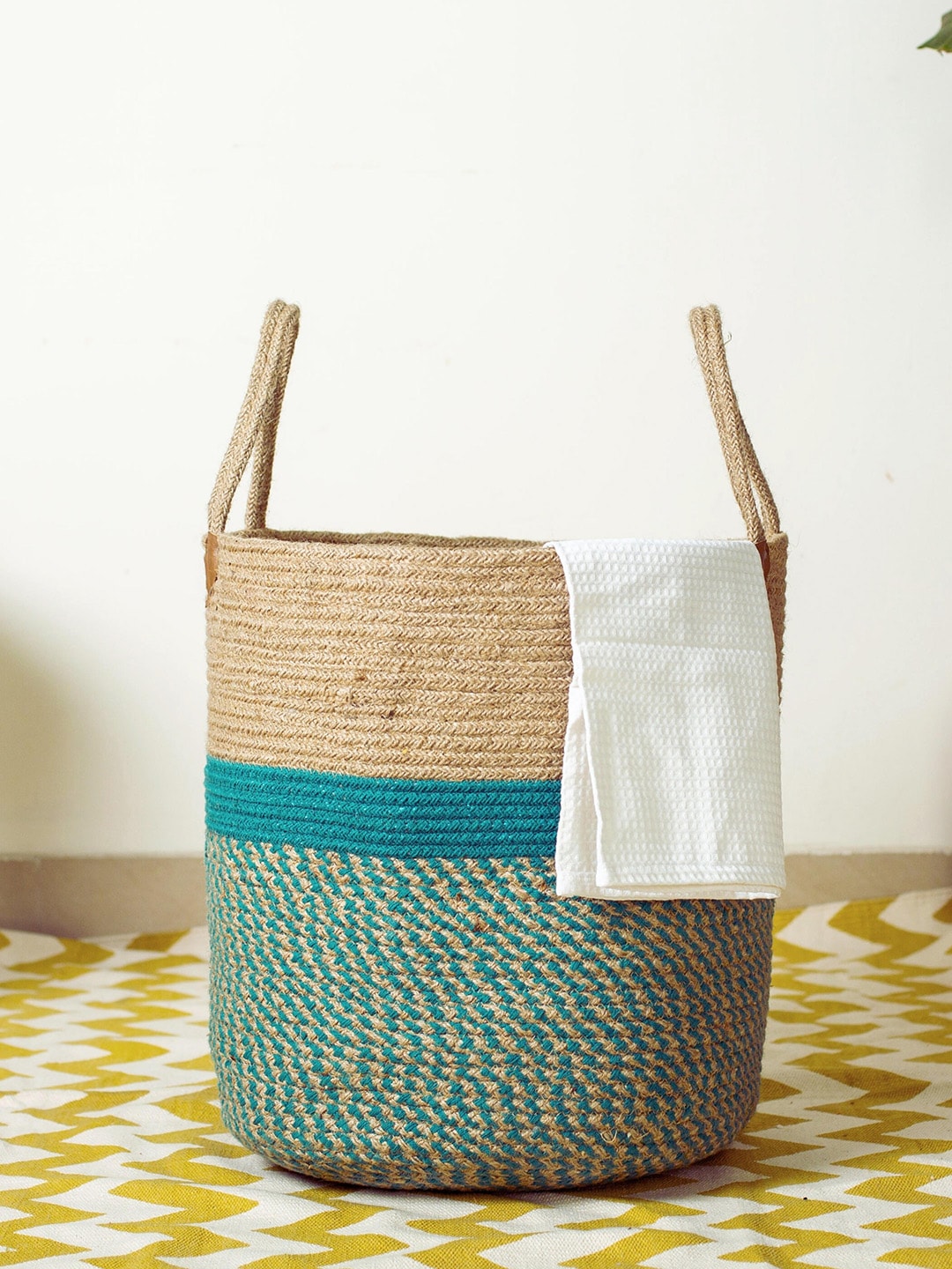 JASMEY HOMES Teal & Beige Textured Jute Laundry Bag Price in India
