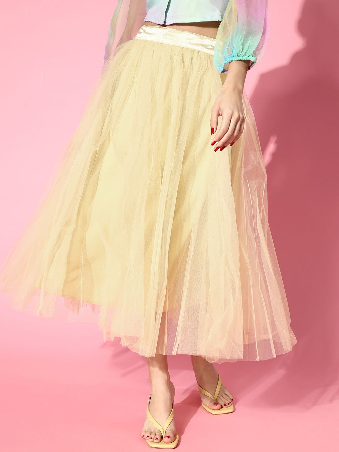 SASSAFRAS Women Light Yellow Solid Tulle Midi Skirt