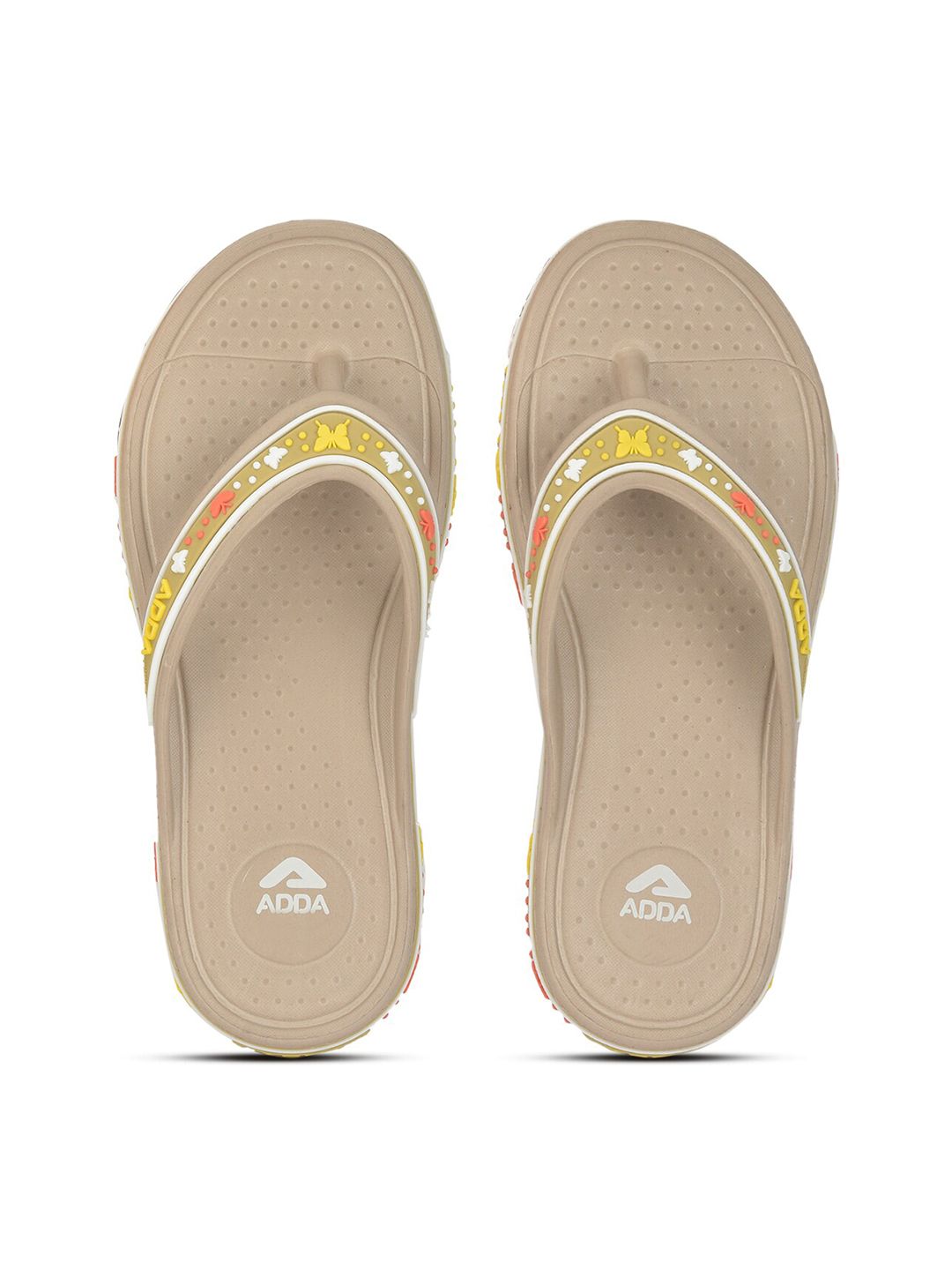 Adda Women Beige & Yellow Rubber Thong Flip-Flops Price in India