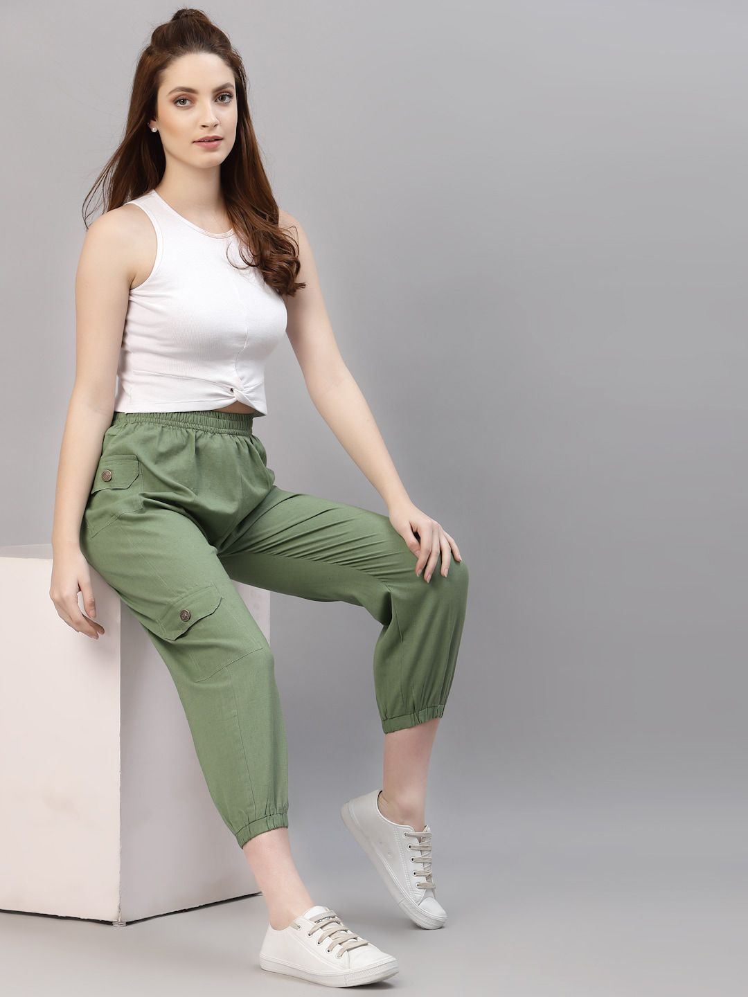 NEUDIS Women Green Pure Cotton Solid Cargos Price in India