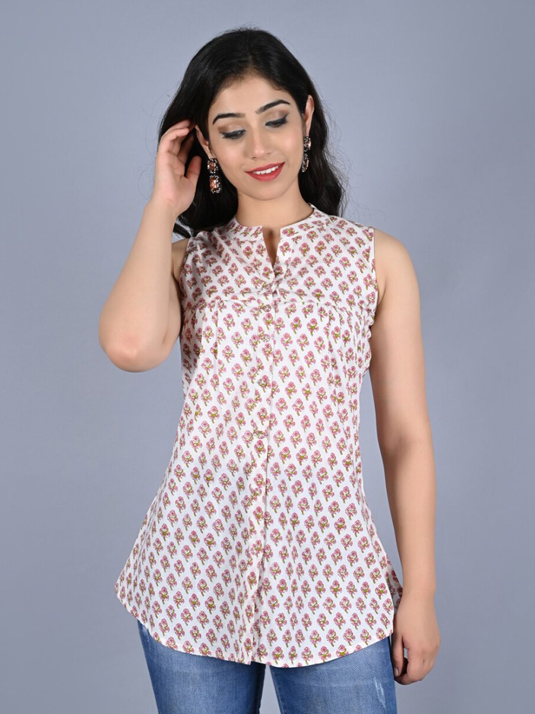 KALINI Women White & Pink Printed Band Collar Tunic Price in India