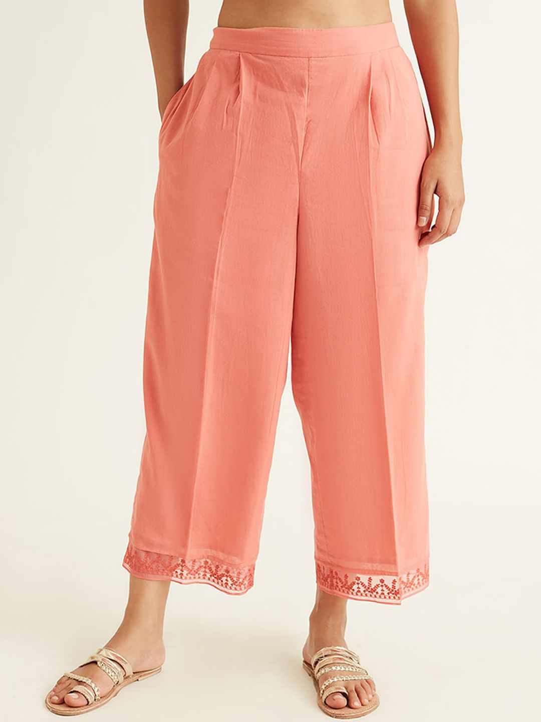 Ancestry Women Pink Regular Fit Pleated Chanderi Parallel Trousers Price in India