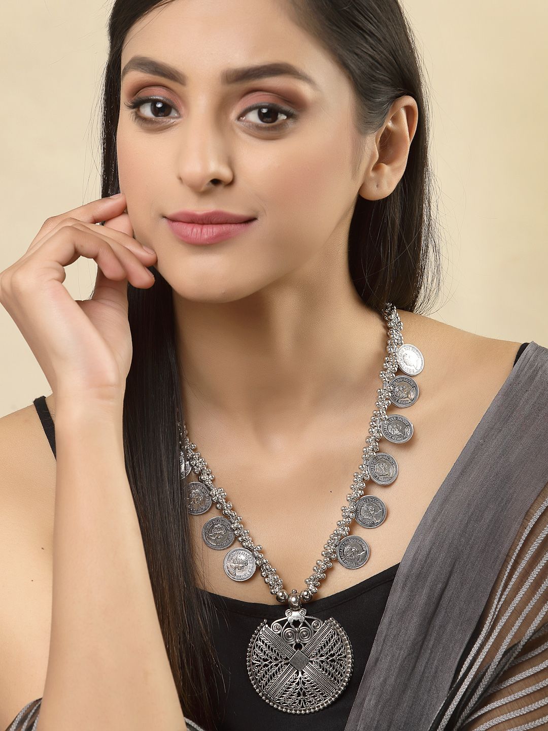PANASH Silver-Toned Oxidized Coin Necklace Price in India