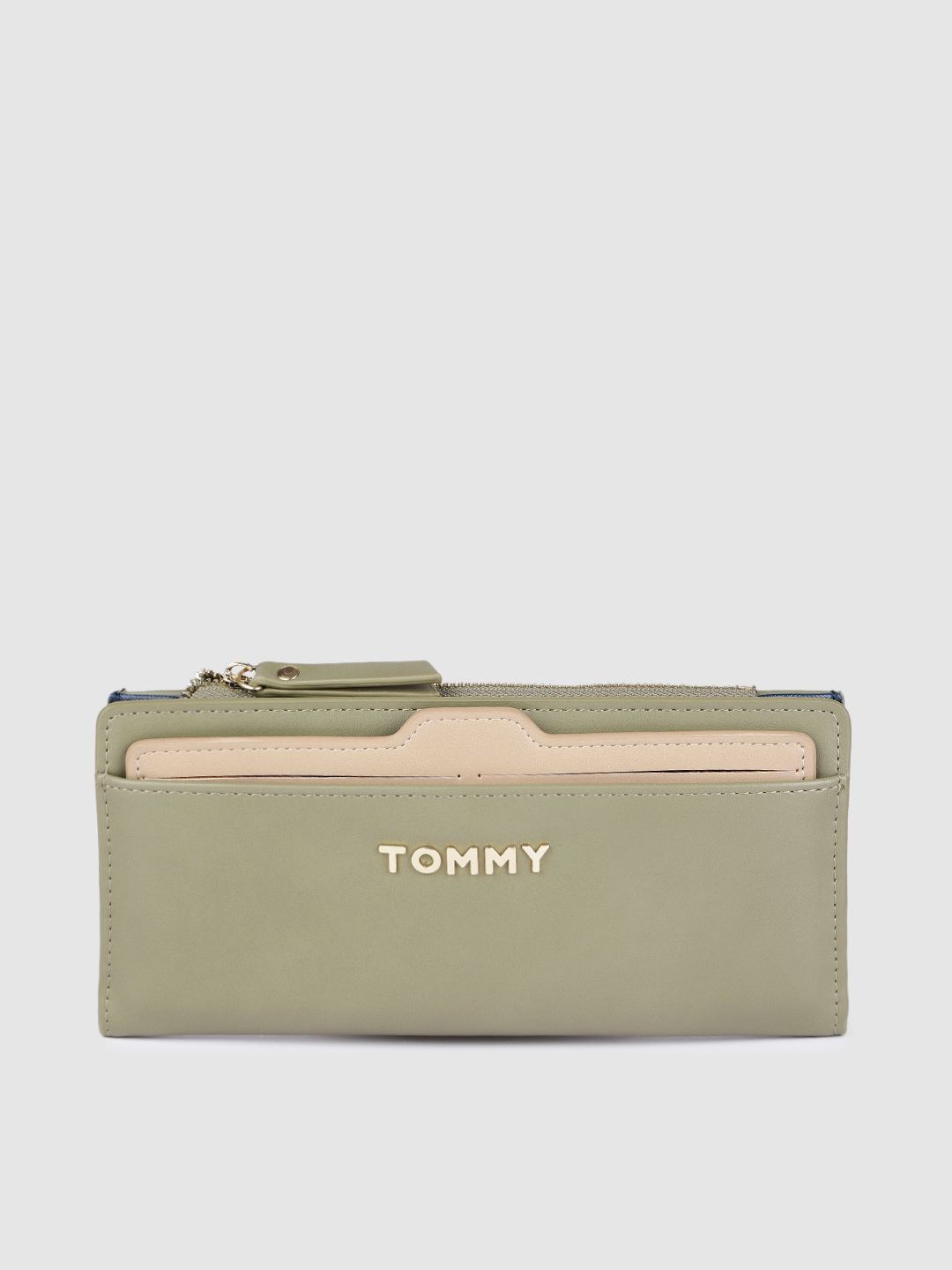 Tommy Hilfiger Women Olive Green & Beige Solid PU Two Fold Wallet with Separate Cardholder Price in India
