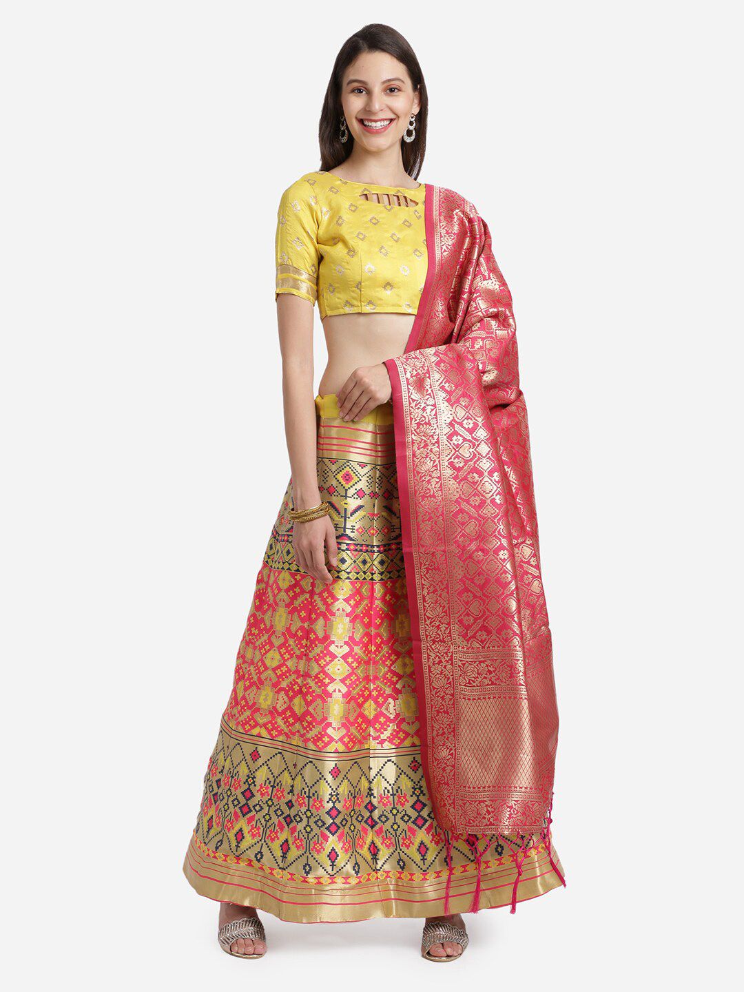 Mitera Yellow & Pink Semi-Stitched Lehenga & Unstitched Blouse With Dupatta Price in India