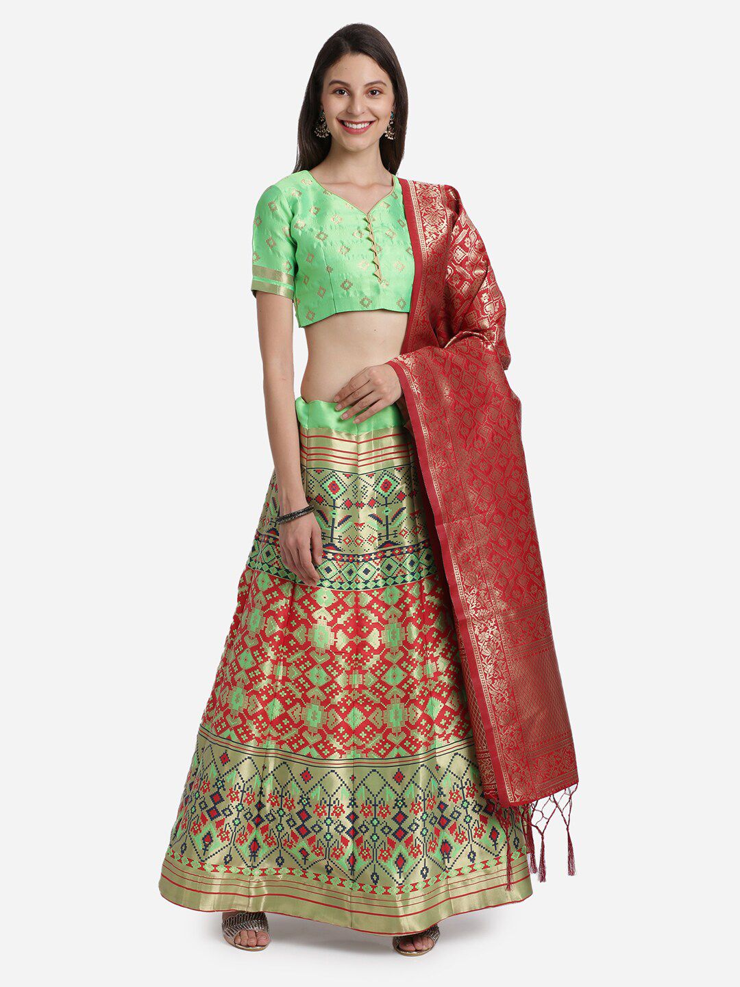 Mitera Green & Red Zari Semi-Stitched Lehenga & Unstitched Blouse With Dupatta Price in India