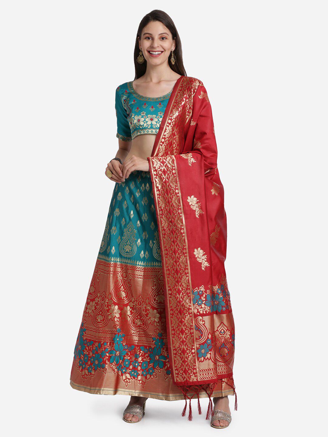 Mitera Women Turquoise Blue & Red Semi-Stitched Lehenga & Unstitched Blouse with Dupatta Price in India