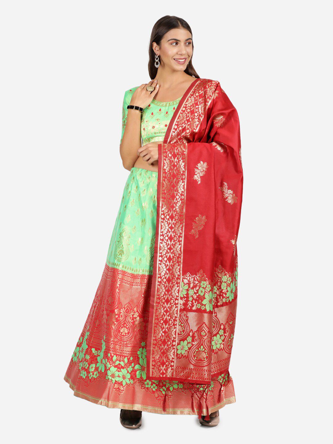 Mitera Green & Red Semi-Stitched Raw Silk Lehenga Choli With Dupatta Price in India