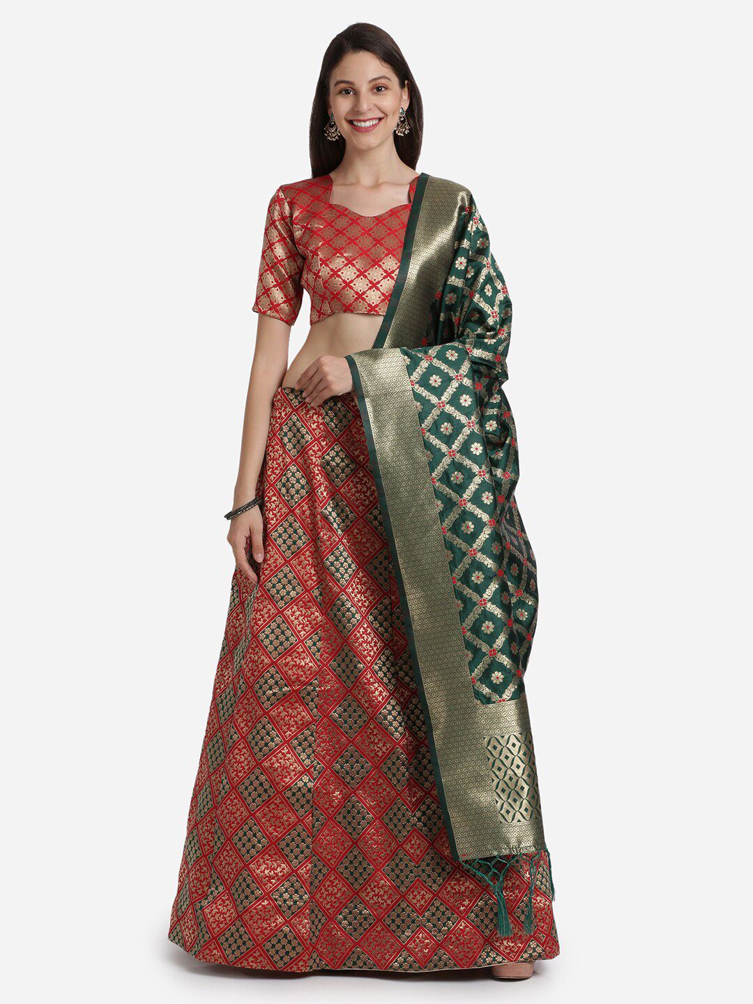 Mitera Red & Green Semi-Stitched Lehenga Choli & Unstitched Blouse With Dupatta Price in India