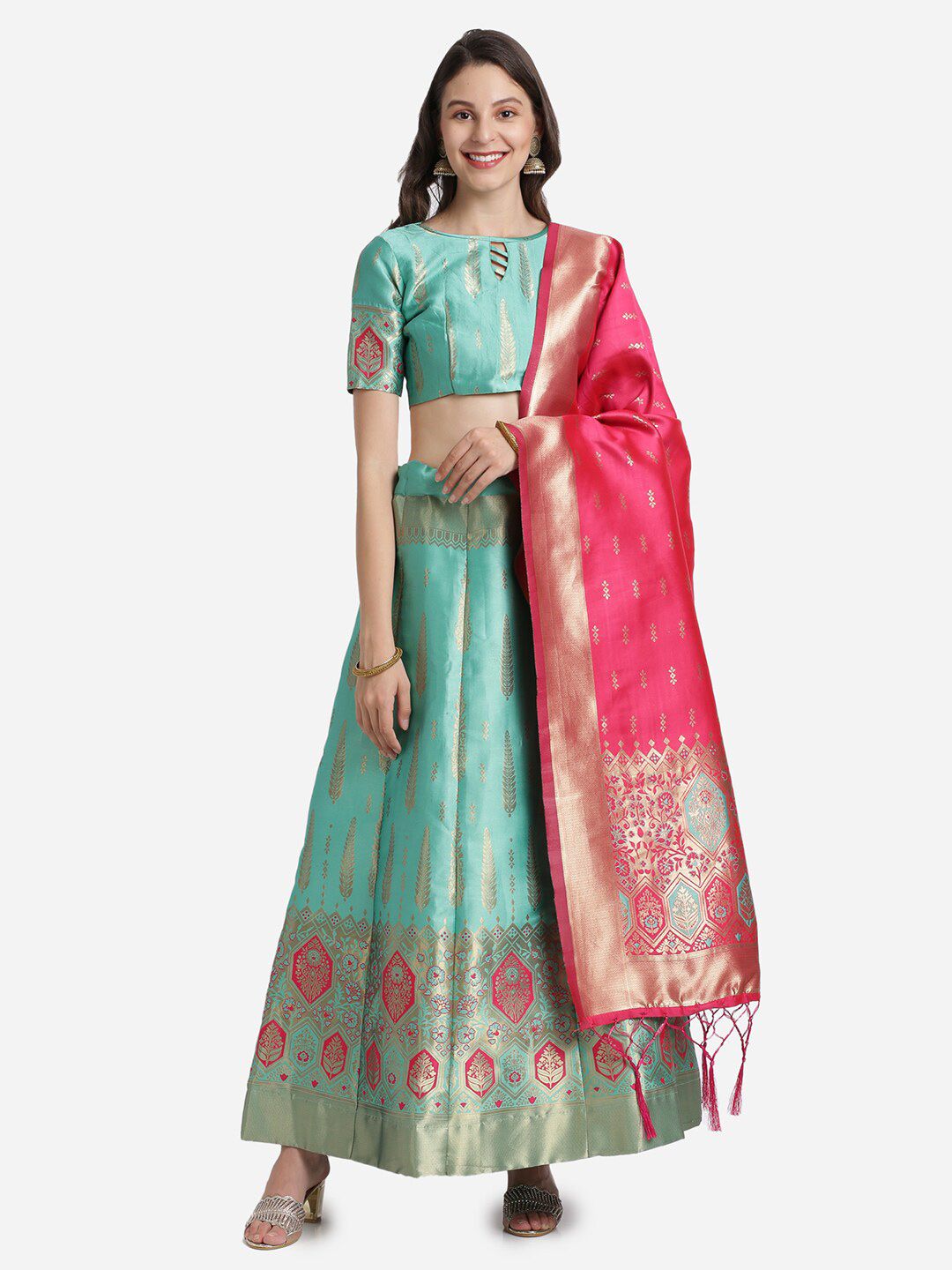 Mitera Turquoise Blue & Pink Woven Design Semi-Stitched Lehenga & Blouse & Dupatta Price in India