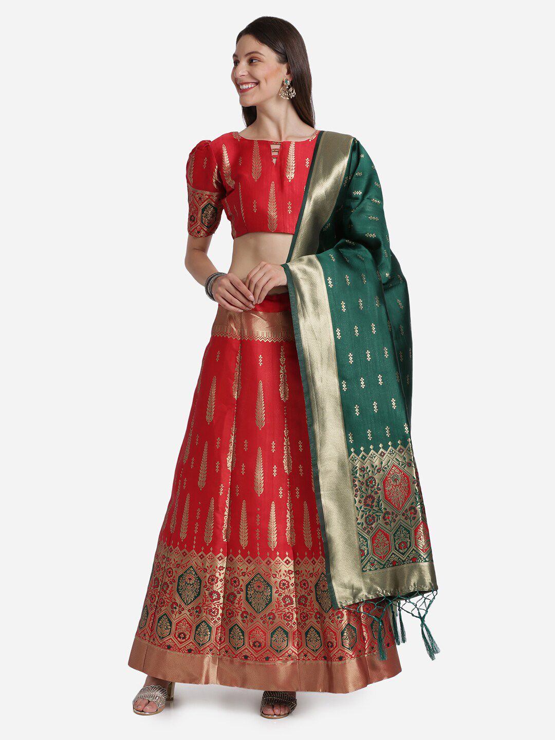 Mitera Red & Green Woven Design Semi-Stitched Lehenga & Unstitched Choli With Dupatta Price in India