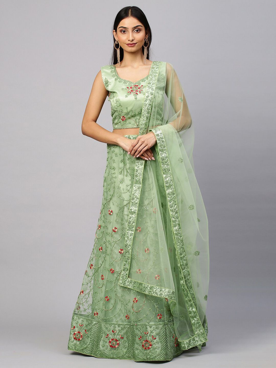 Rajesh Silk Mills Green & Red Embellished Semi-Stitched Lehenga & Blouse & Dupatta Price in India