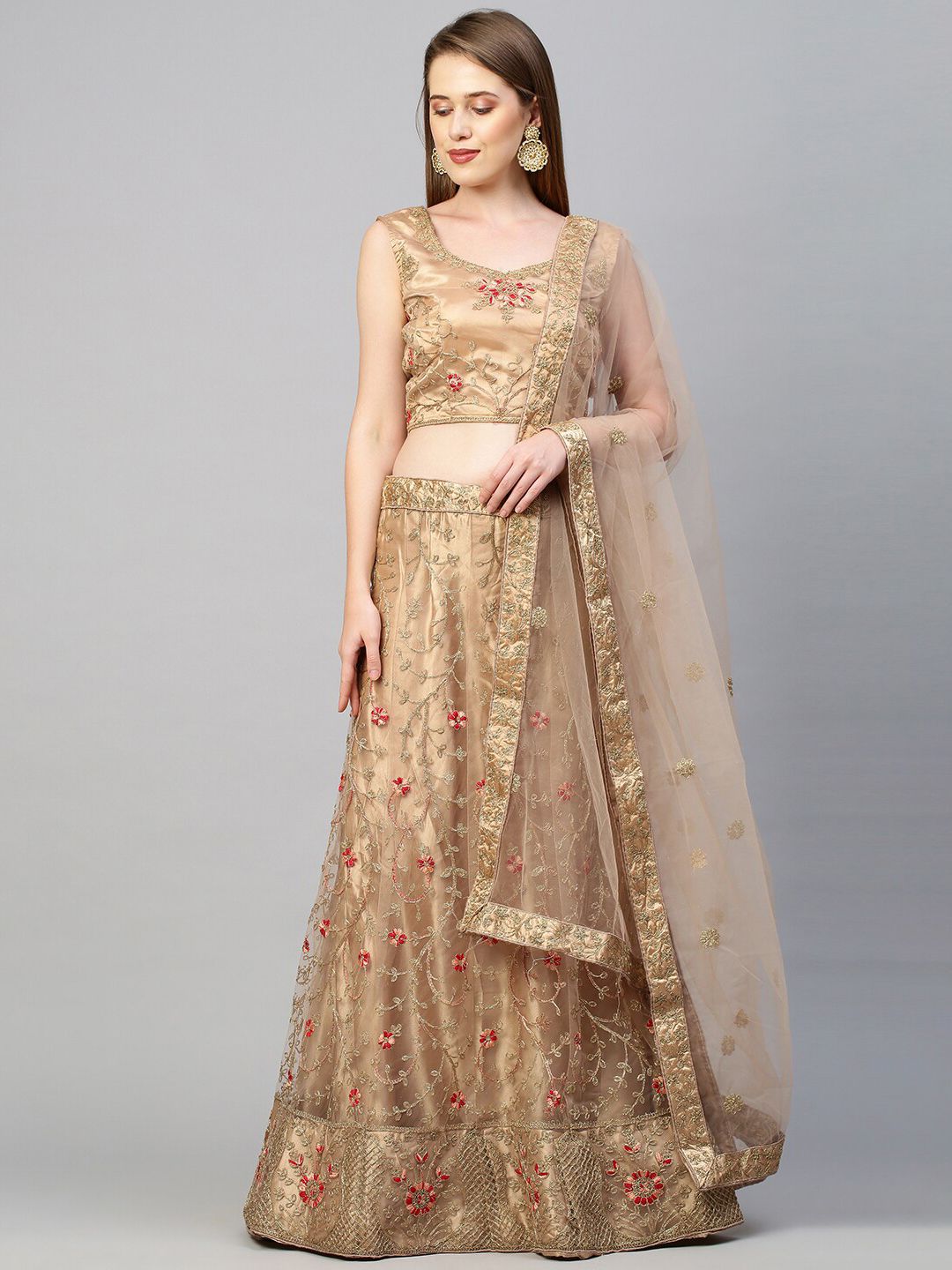 Rajesh Silk Mills Brown & Gold-Toned Embellished Semi-Stitched Lehenga & Unstitched Blouse With Dupatta Price in India