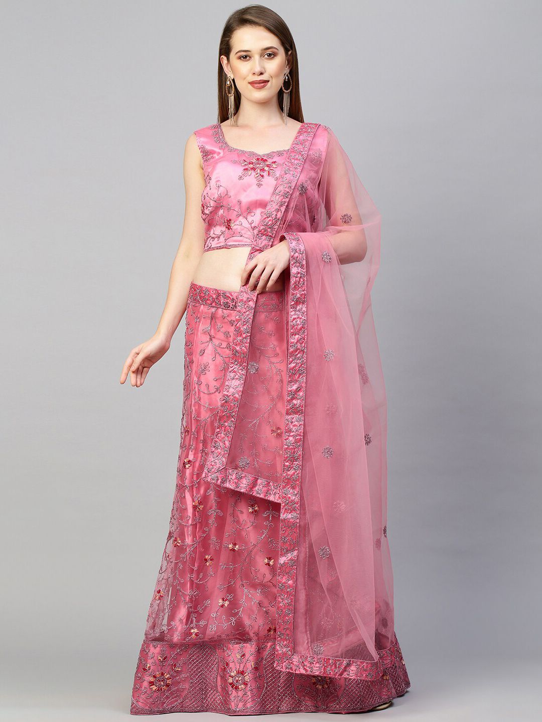 Rajesh Silk Mills Women Pink & Silver-Toned Embellished Semi-Stitched Lehenga Choli Price in India