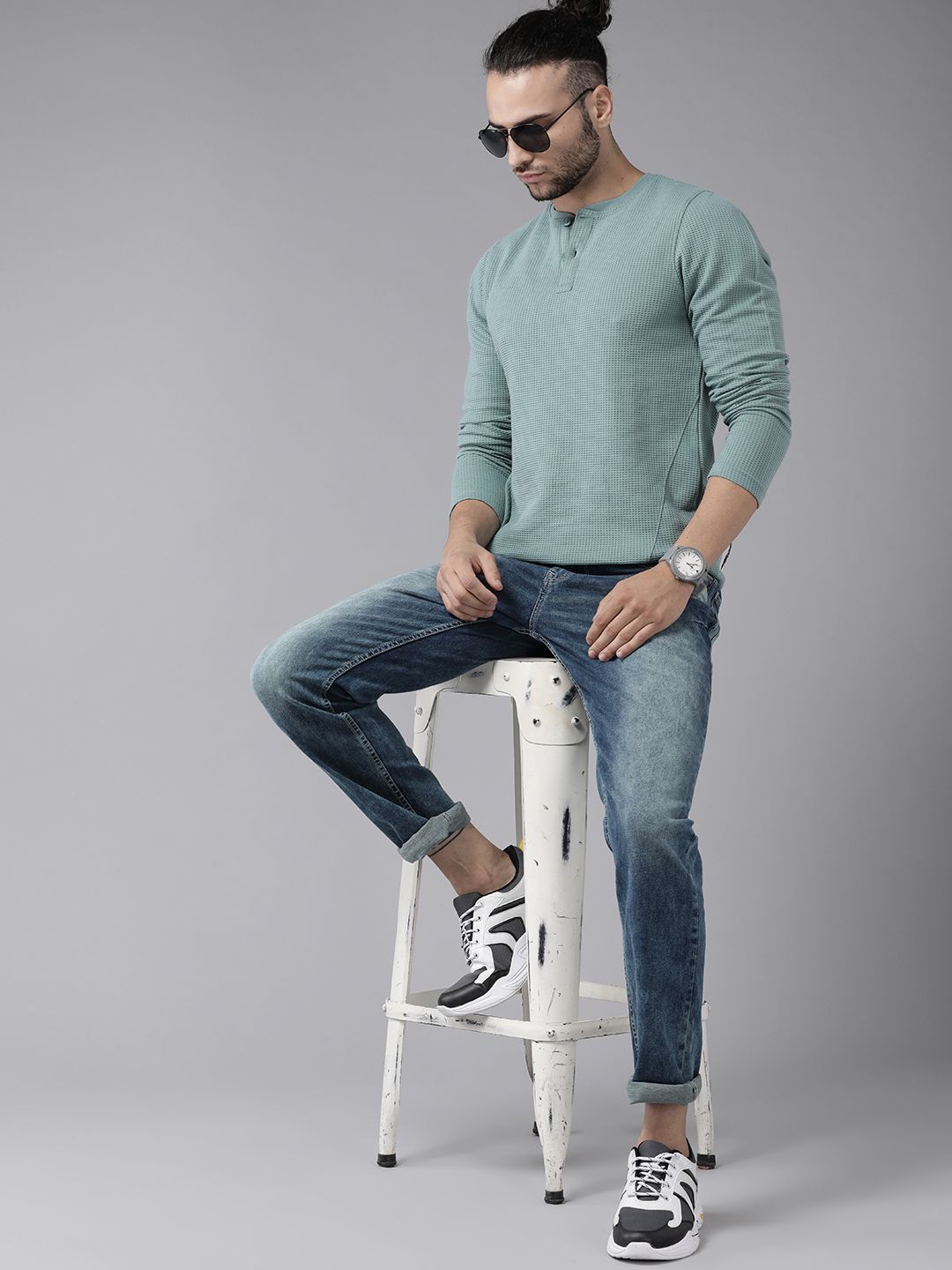 Roadster Men Sea Green Henley Neck T-shirt