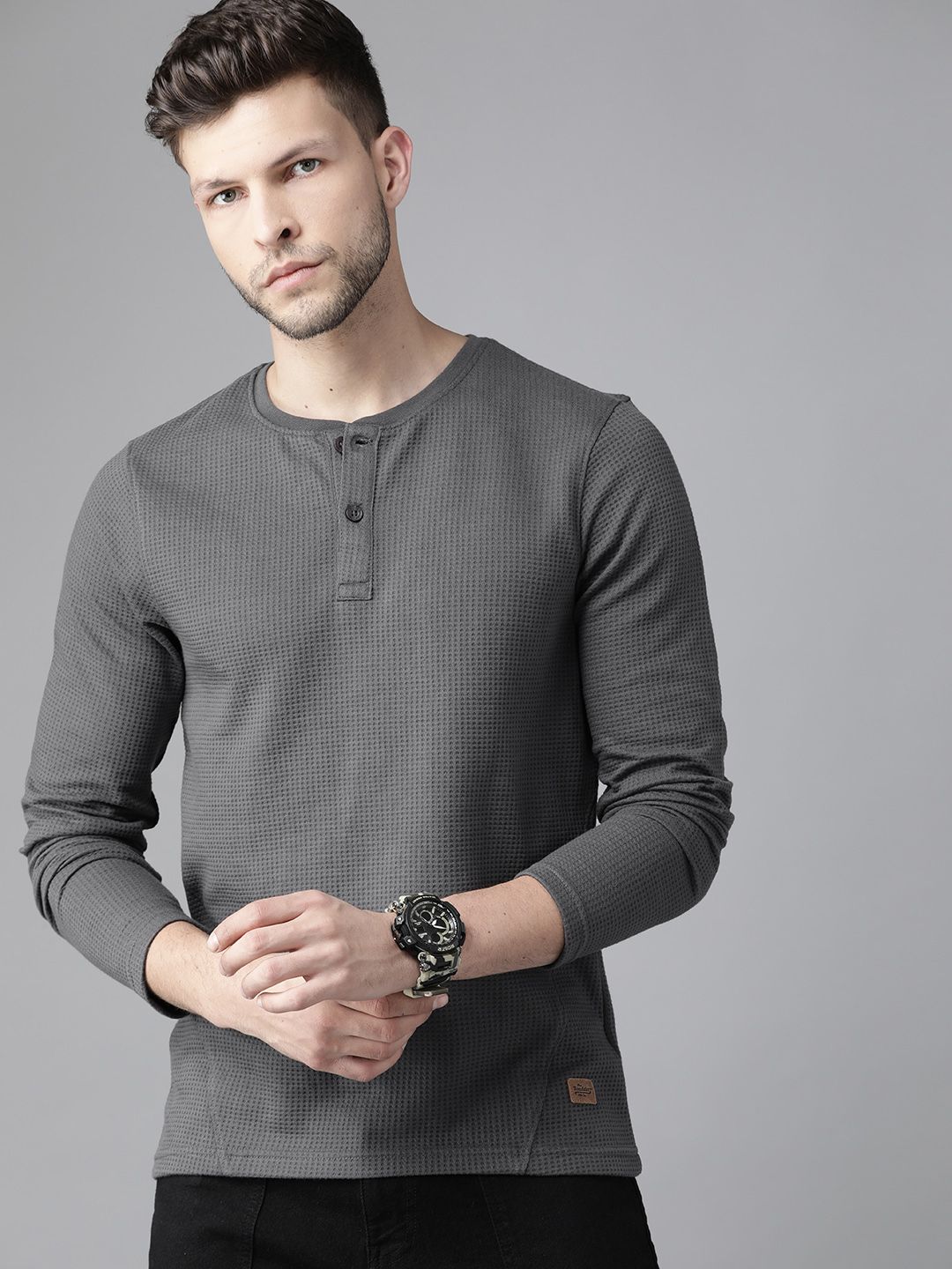 Roadster Men Charcoal Grey Self-Design Henley Neck T-shirt