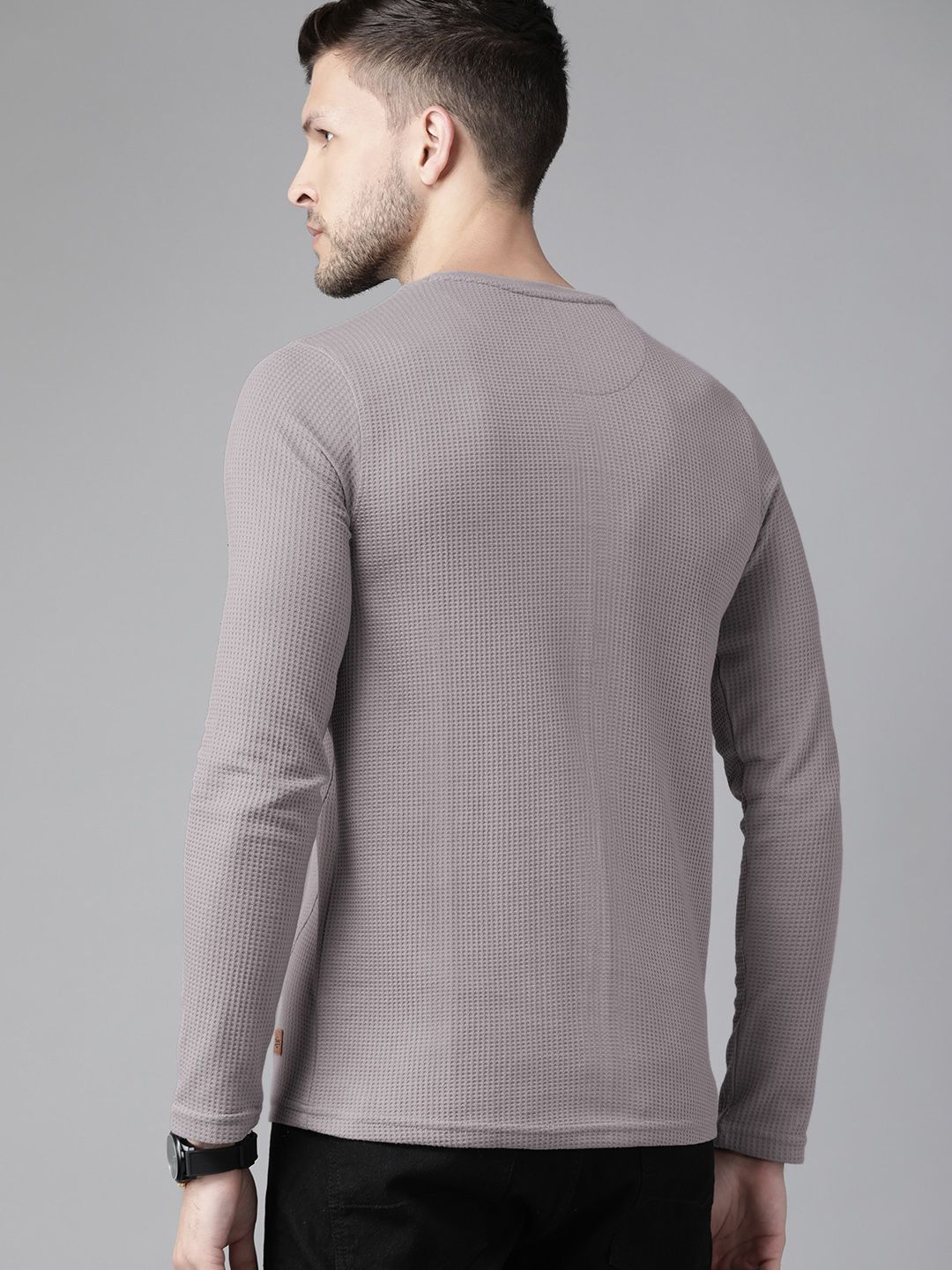 Buy Roadster Men Grey Self-Design Henley Neck T-shirt - Tshirts