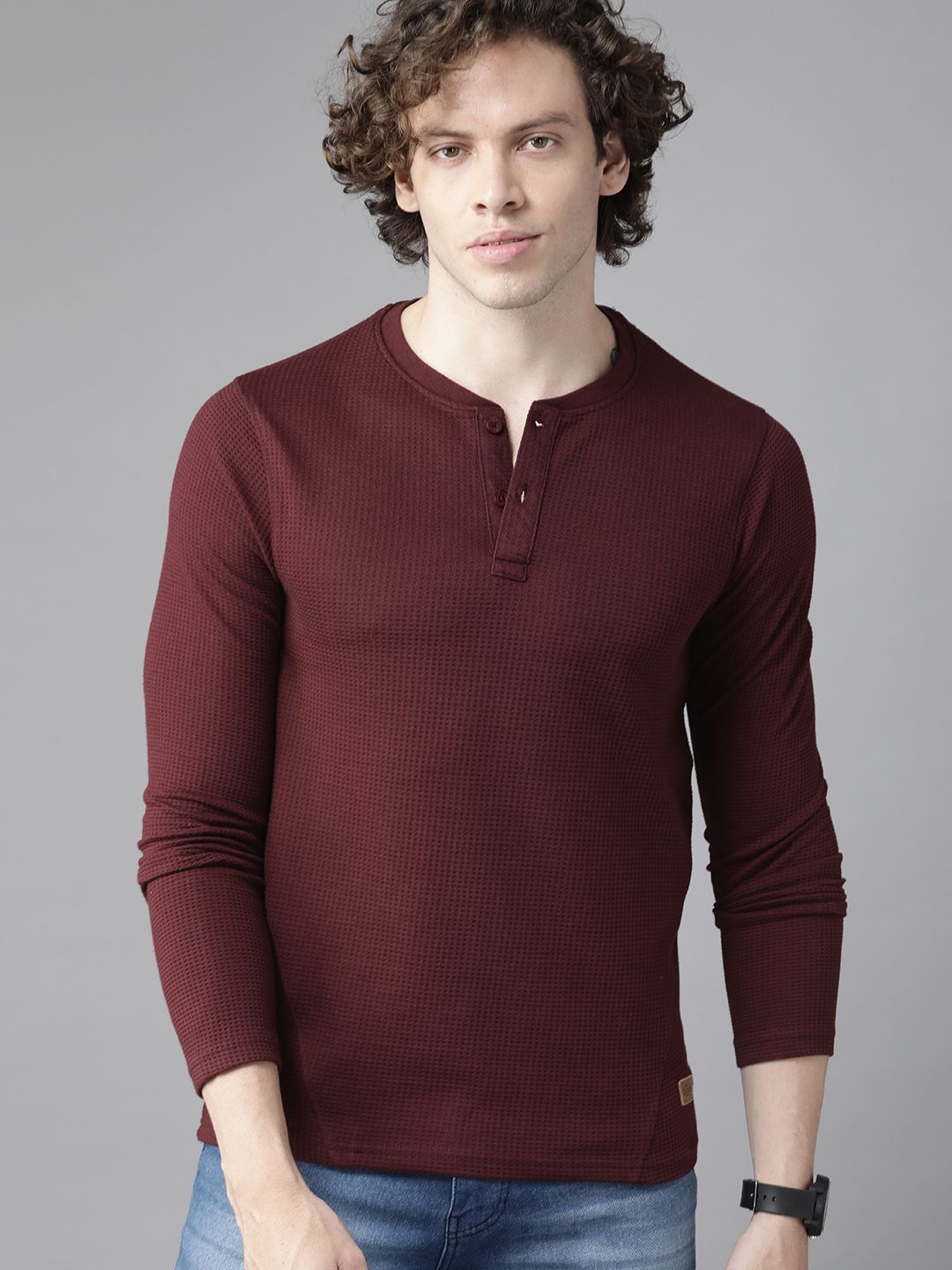 Roadster Men Maroon Self-Design Henley Neck T-shirt