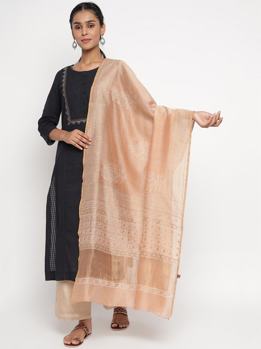 Fabindia Women Pink Ethnic Motifs Printed Cotton Silk Dupatta