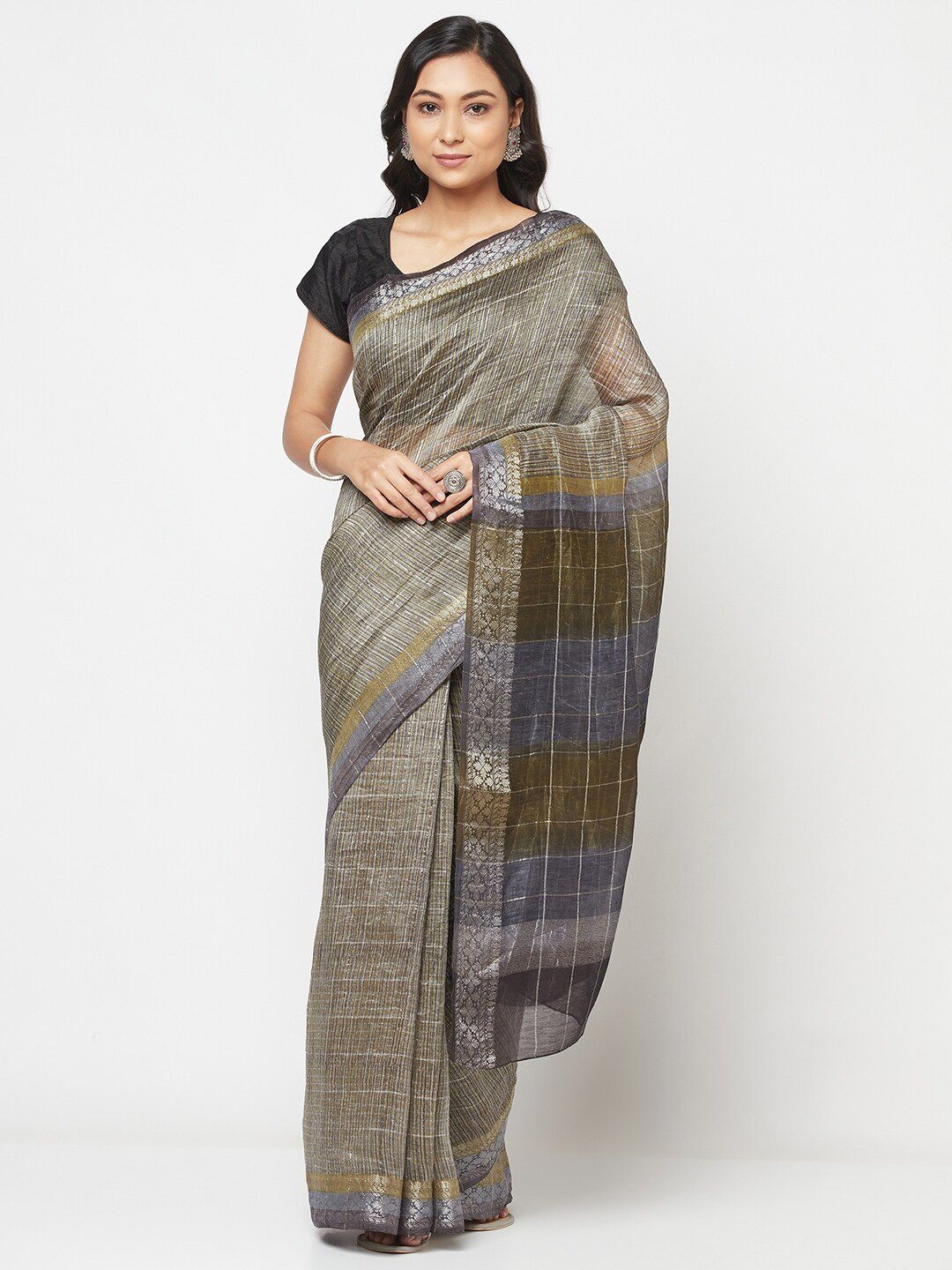 Fabindia Grey & Beige Striped Zari Linen Blend Saree Price in India