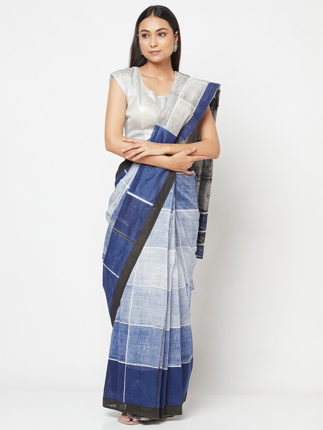 Fabindia Blue & White Colourblocked Woven Design Cotton Silk Saree Price in India