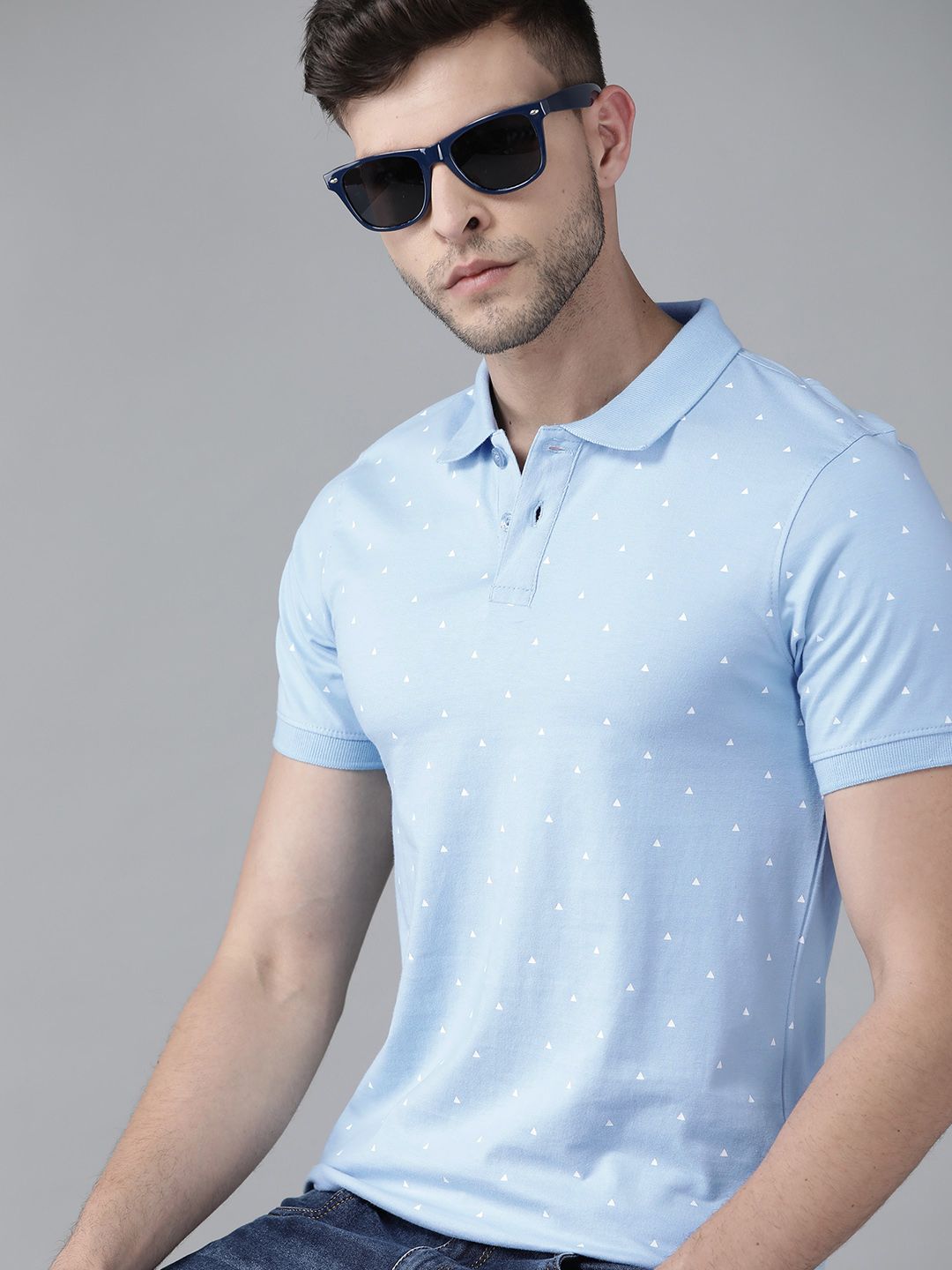 Roadster Men Blue & White Printed Polo Collar Pure Cotton T-shirt