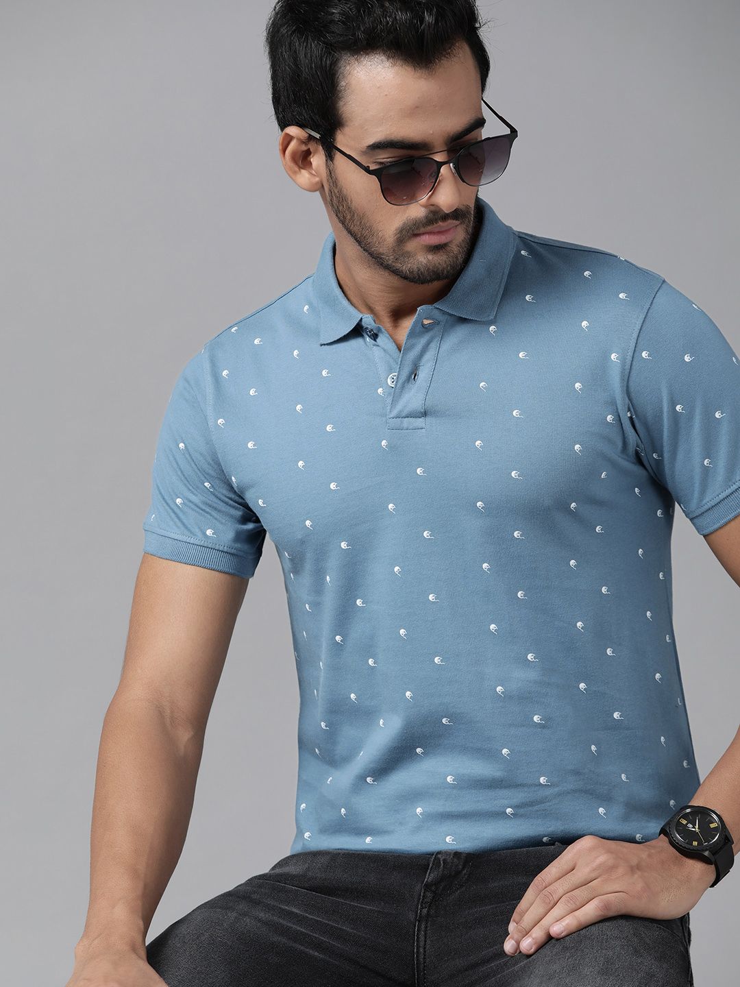 Roadster Men Blue & White Printed Polo Collar Cotton T-shirt