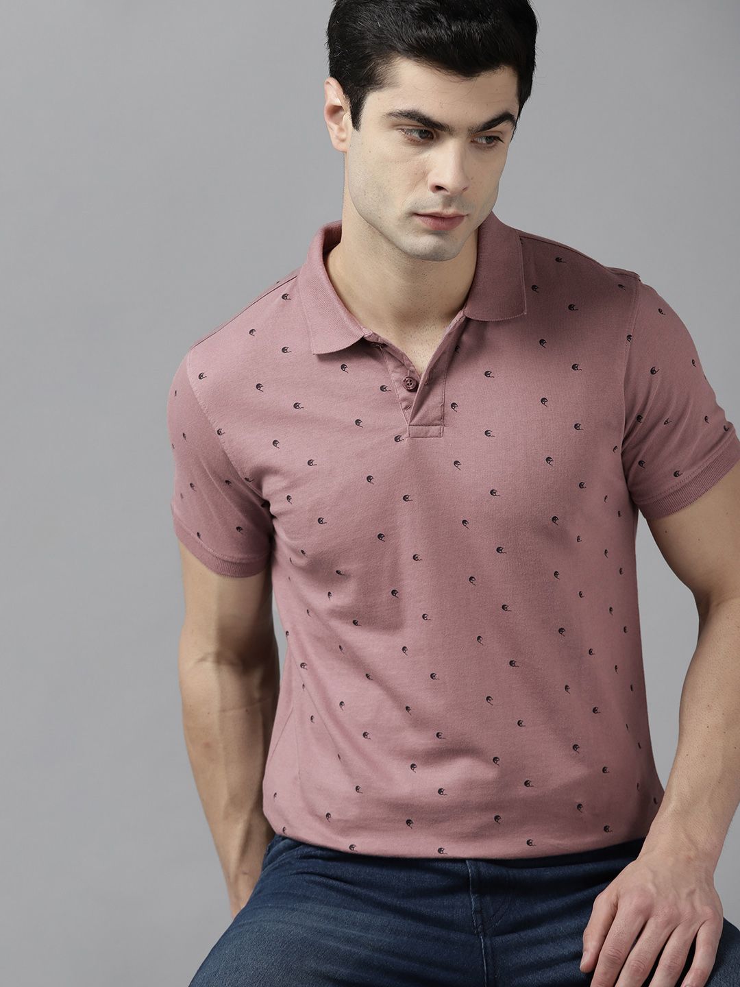 Roadster Men Mauve & Navy Blue Printed Polo Collar T-shirt