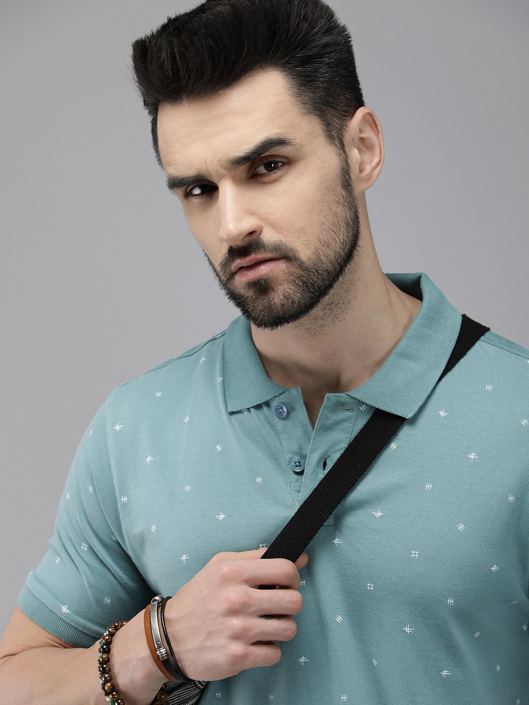 The Roadster Lifestyle Co. Men Blue Printed Pure Cotton Polo Collar T-shirt