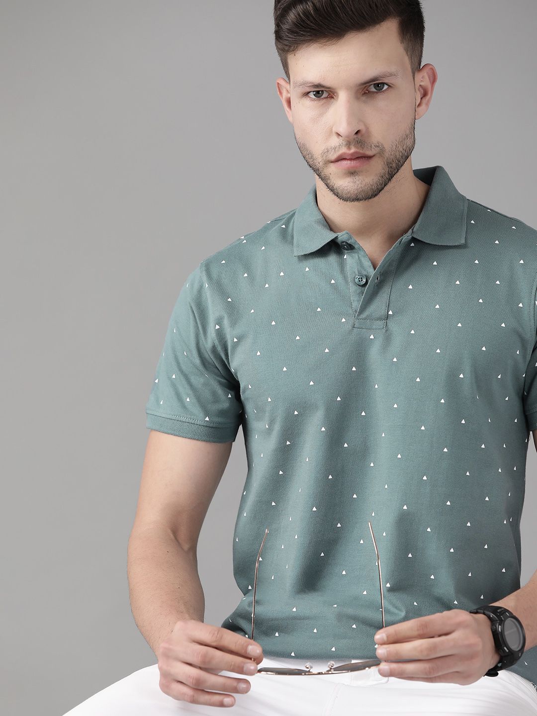 Roadster Men Blue Printed Pure Cotton Polo Collar T-shirt