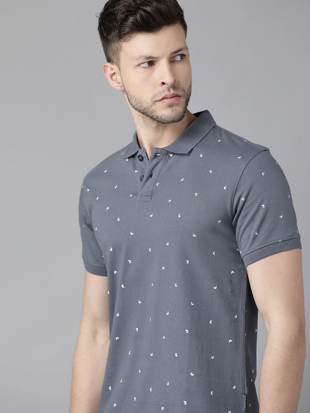 Roadster Men Grey & White  Cotton Printed Polo Collar T-shirt